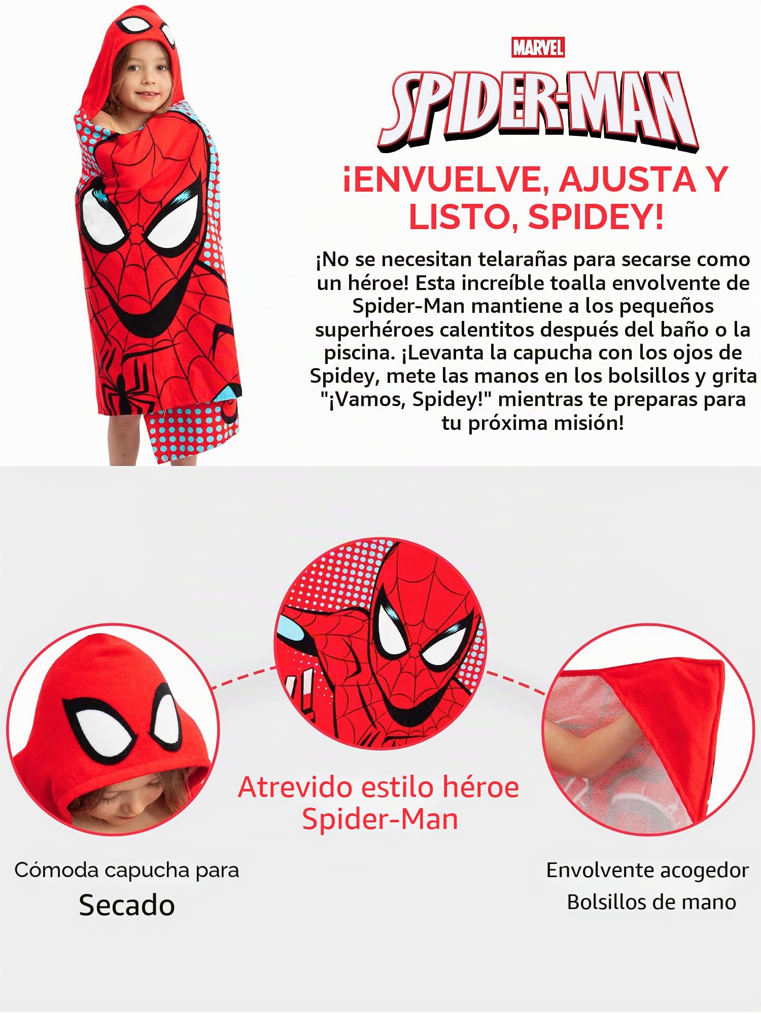 Marvel Spiderman Toalla Capucha Niño, Toalla Niño con Capucha Tipo Poncho, Toallas De Baño Niños, Roja One Size