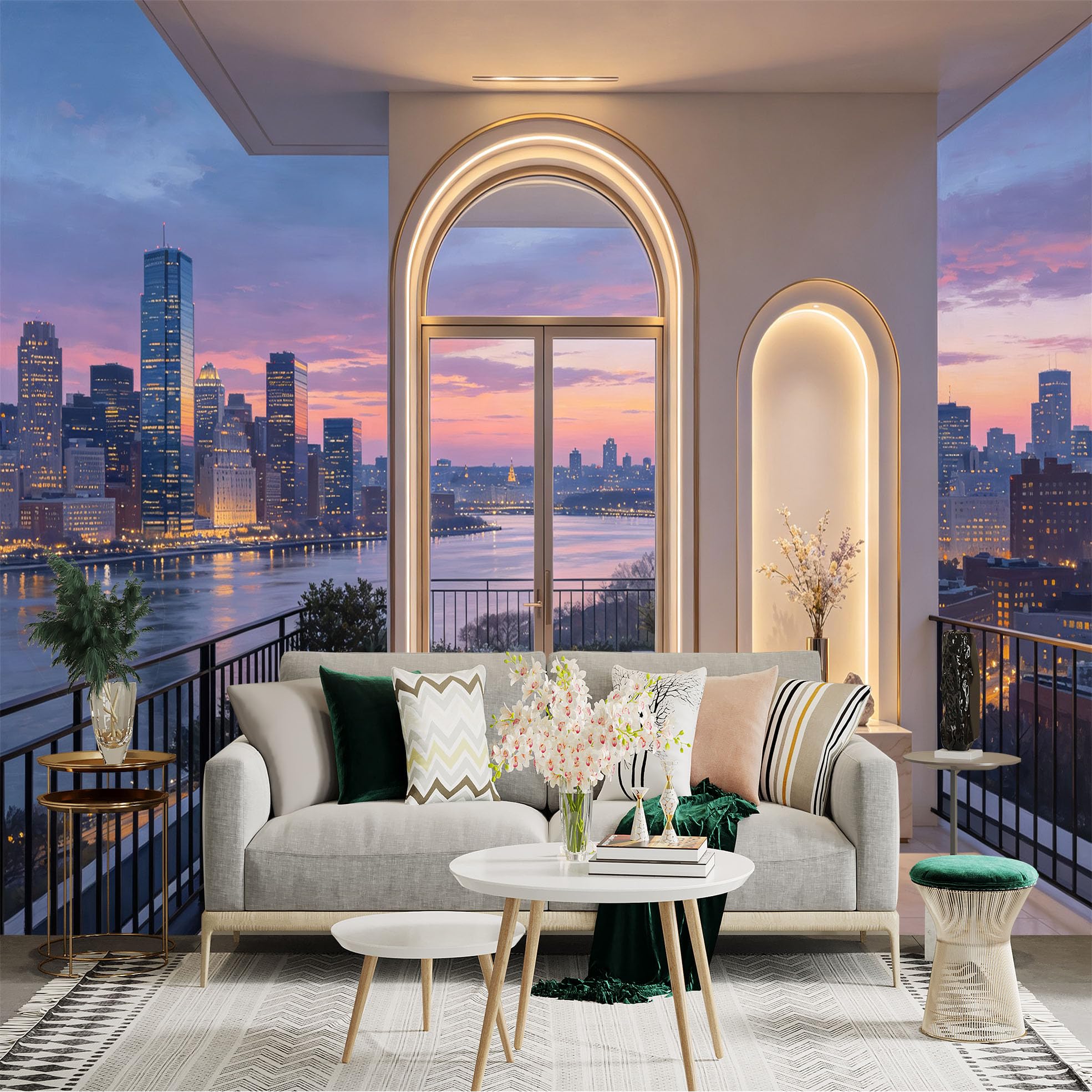 Custom Size Wall Sticker Mural， Modern City Skyline River View Sunset Balcony Interior， for wall Decoration， peelandstick wall Decals.