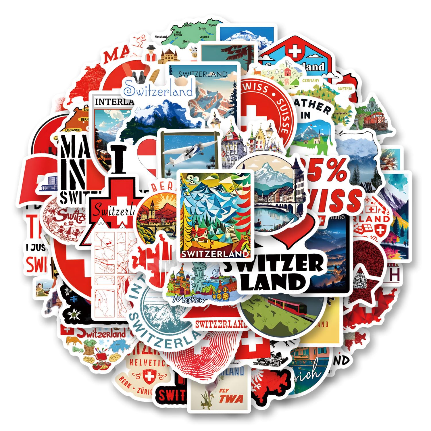 64Pcs Switzerland Stickers Pack, Vinyl Waterproof Decals for Water Bottle,Laptop,Phone,Skateboard,Scrapbooking,Bumper for Fans for Party Supply