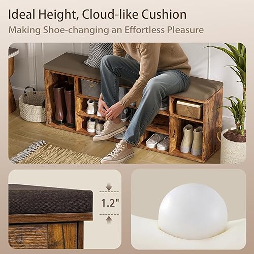 Miniatura 115 de DINZI LVJ Banco organizador de zapatos con cojín, zapatero de 9 cubos y estantes ajustables, multifuncional, para salas de estar, dormitorio, Gris