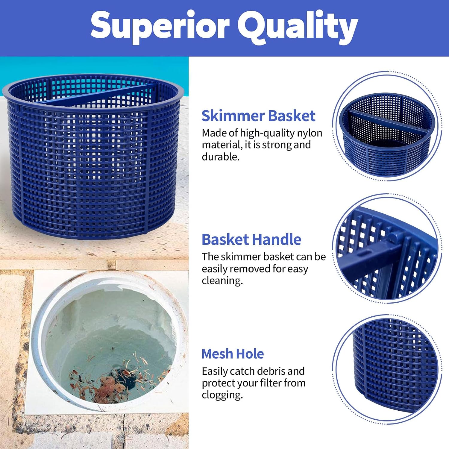 7" Skimmer Basket for Inground Pool, Compatible with Hayward SPX1082CA & Aladdin B-152 Skimmers, Upgrade Basket with Handle, Fits Models SP1082, SP1083, SP1084, SP1085, SP1086, SP1075 Series