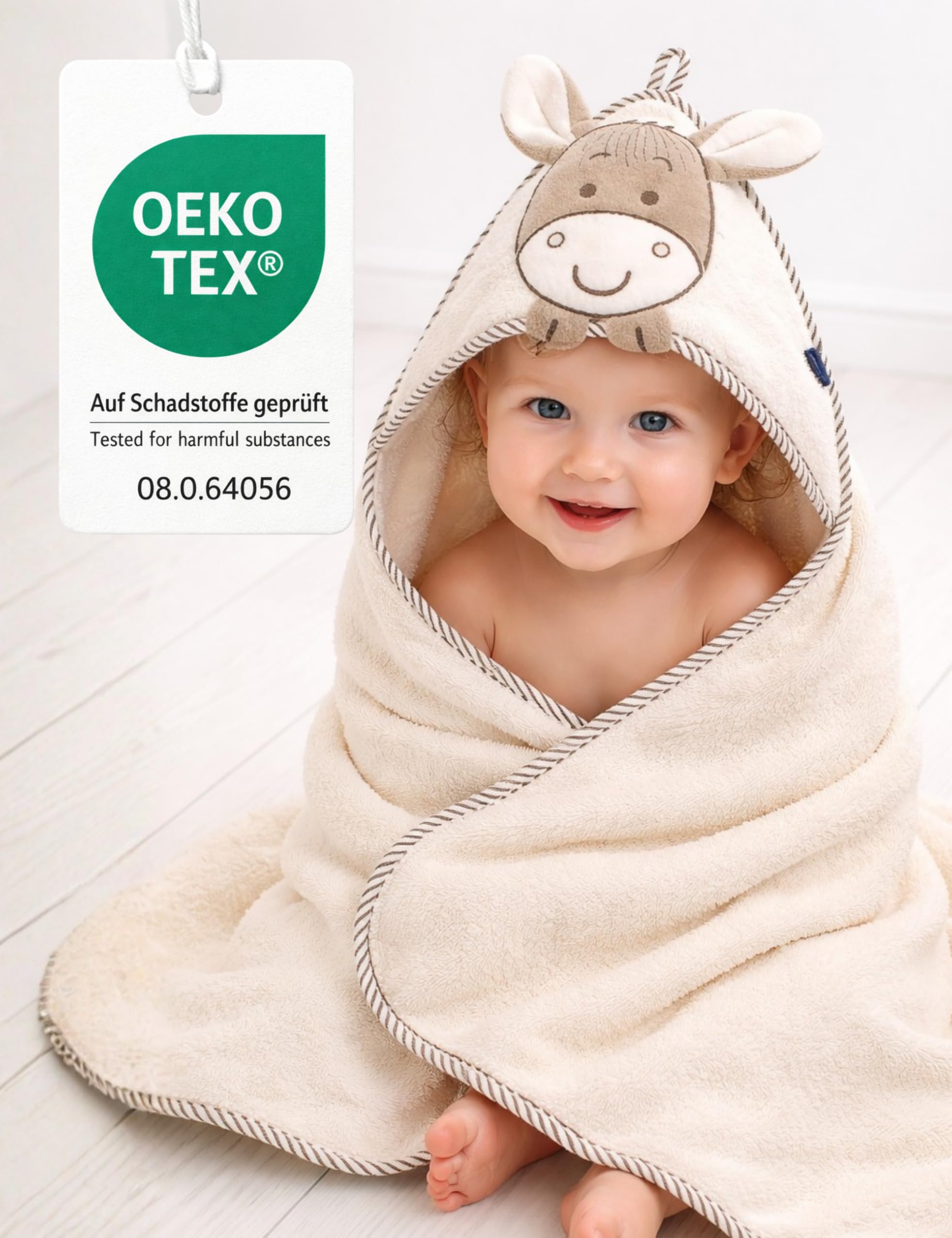 Morgenstern Kapuzenhandtuch Kinder Baby 100 x 100 cm Mädchen & Jungen 100% Baumwolle Frottee Oeko-TEX® Handtuch Badetuch Badehandtuch Esel