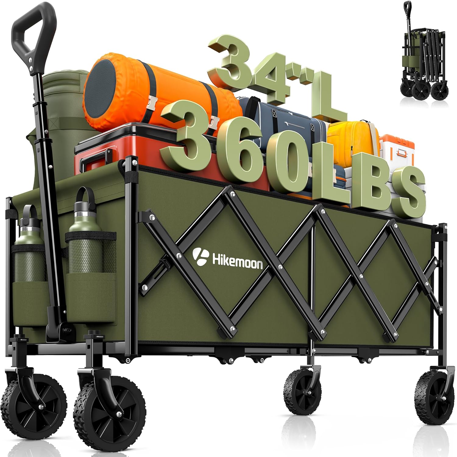 34” Extra Long Collapsible Wagons Carts Foldable, 360LBS Heavy Duty Folding Beach Wagon with Wheels, Portable Utility Outdoor Cart for Grocery, Garden, Sports, Camping, Green