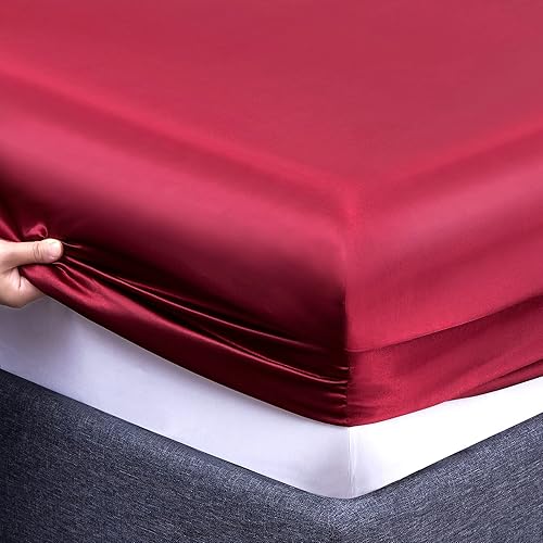 Miniatura 5 de Vonty - Juego de sábanas de satén, suaves, sedosas, tamaño matrimonial, de color borgoña, 1 sábana bajera con bolsillo profundo, 1 sábana encimera,