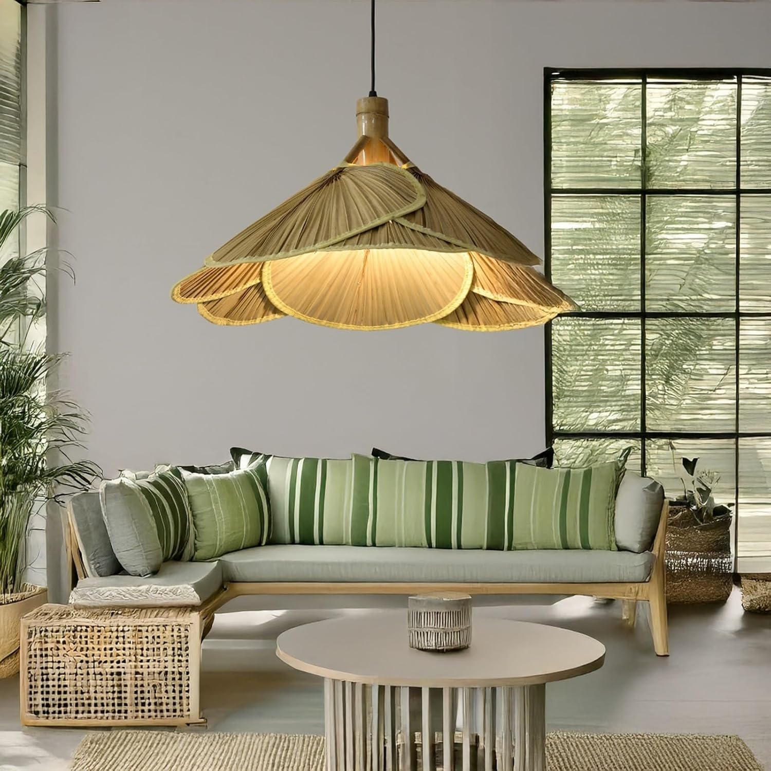 Japandi Pendant Light, Handwoven Bamboo Rattan Lotus Leaf Shade, Wood Accent Hanging Lamp with Adjustable Cord, 23.6", Natural Ceiling Light for Dining Room Living Room Tea House Parlour