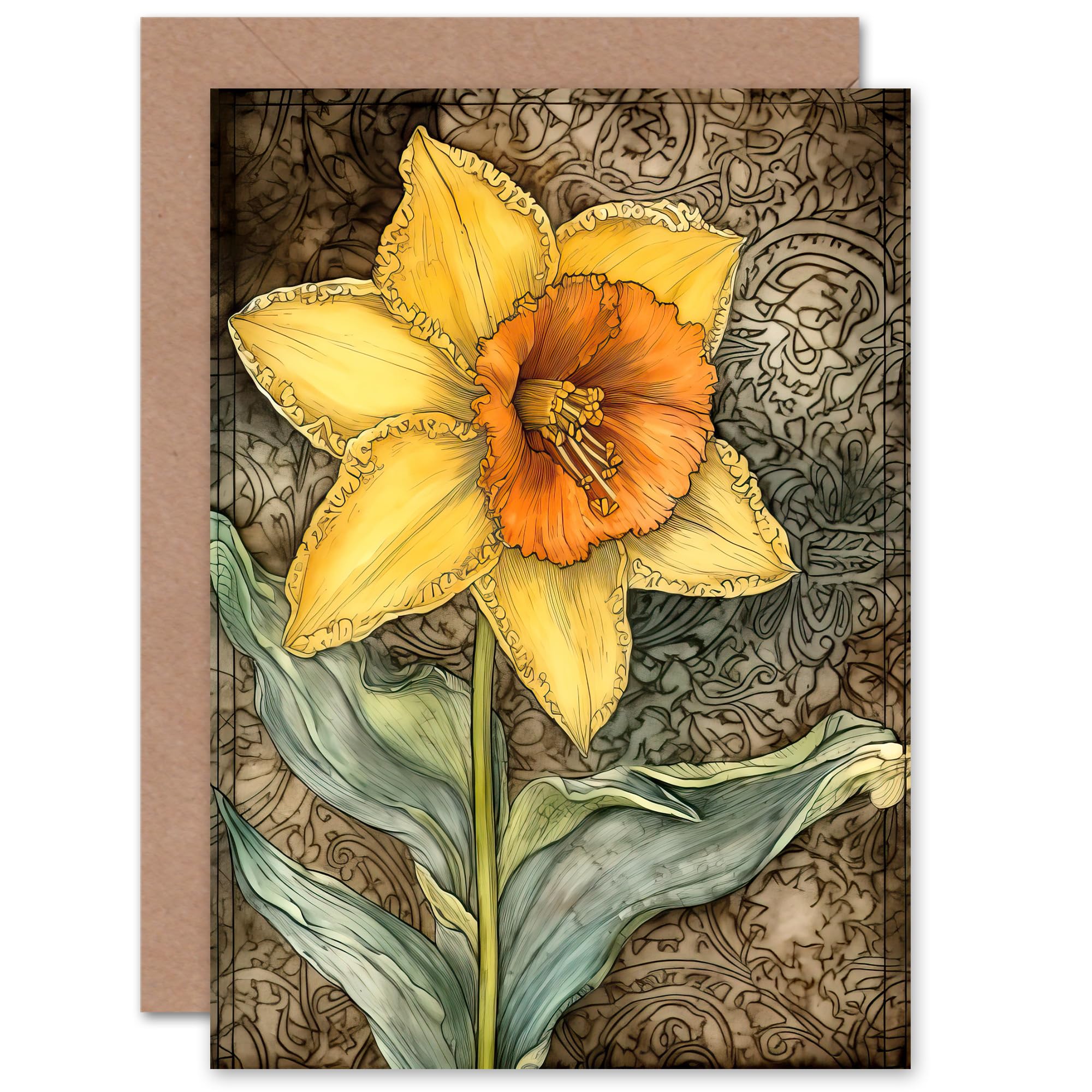 Artery8 Daffodil Flower Watercolour Art Nouveau for Wife Her Mum Sister Daughter Mom Gran Nan Birthday Thank You Congratulations Blank Art Greeting Card