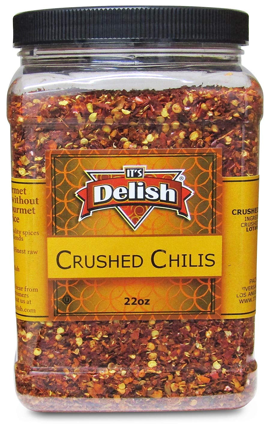 Dehydrated Dried Crushed Chilies Red Pepper Flakes by It's Delish – 22 Oz Jumbo Reusable Container – Sealed to Maintain Freshness – Chopped & Dried Vegetable Gourmet Spice Seasoning – Certified Kosher