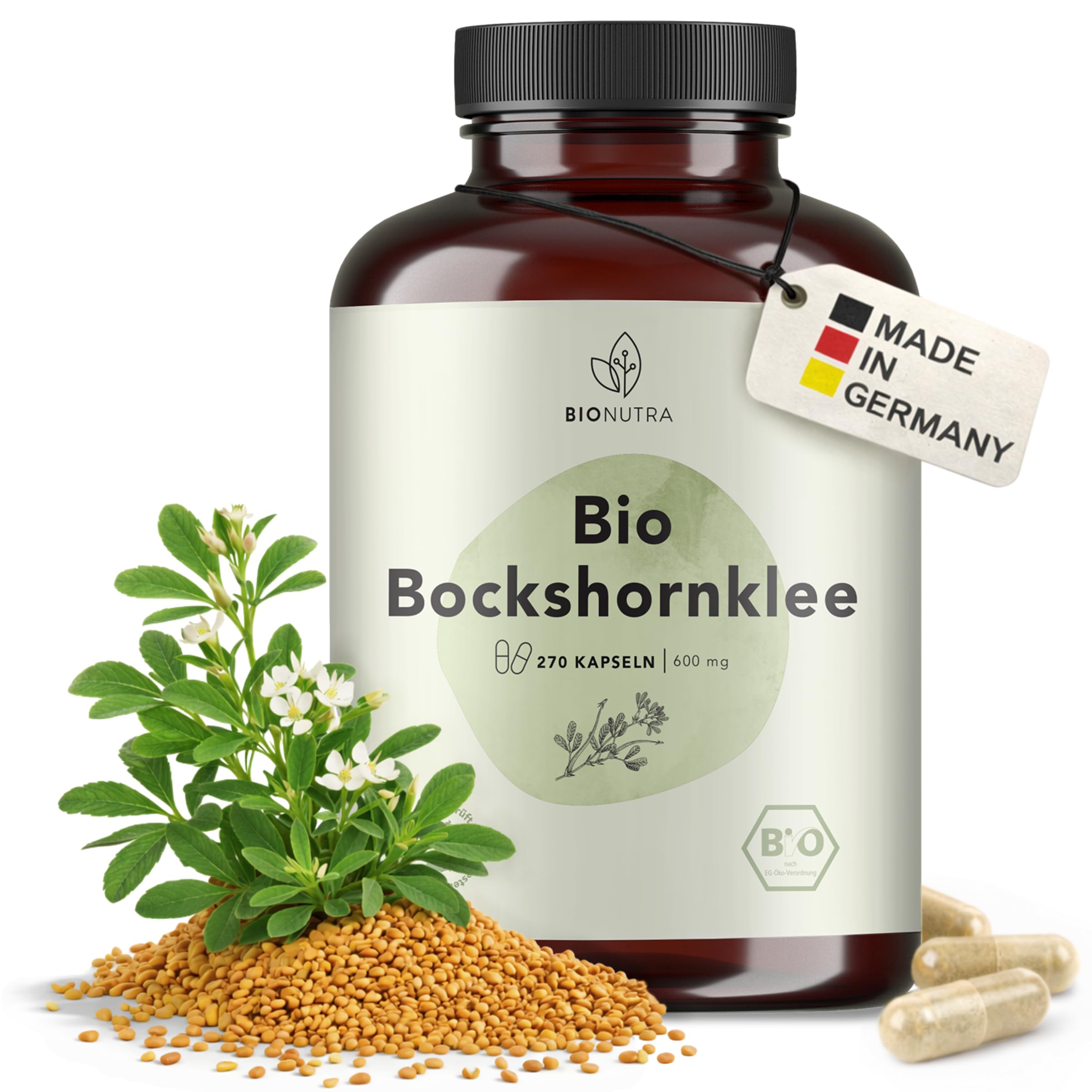 BIONUTRA Gélules de Fenugrec Bio, 270 gélules de 600 mg | Poudre de graines de fenugrec bio, contrôle des résidus, sans additifs, vegan, fabrication en Allemagne
