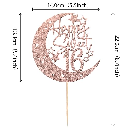 Miniatura 2 de 1 pieza de decoración para tartas Happy Sweet 16 con purpurina, luna y estrella, feliz cumpleaños 16 años, decoración para tartas de cumpleaños de