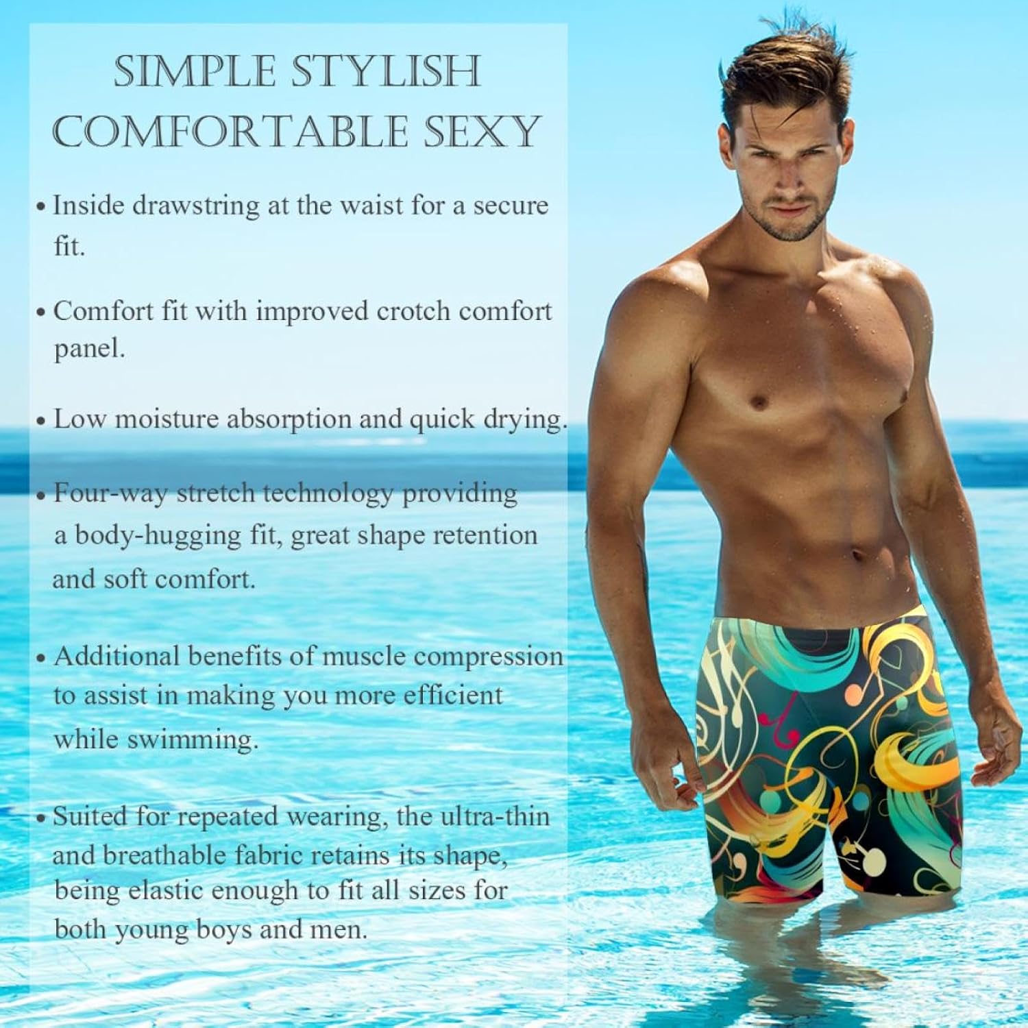 Colorful Music Notes Jammer Swimsuit Mens Swim Jammers Endurance Long Racing Training Swimsuit