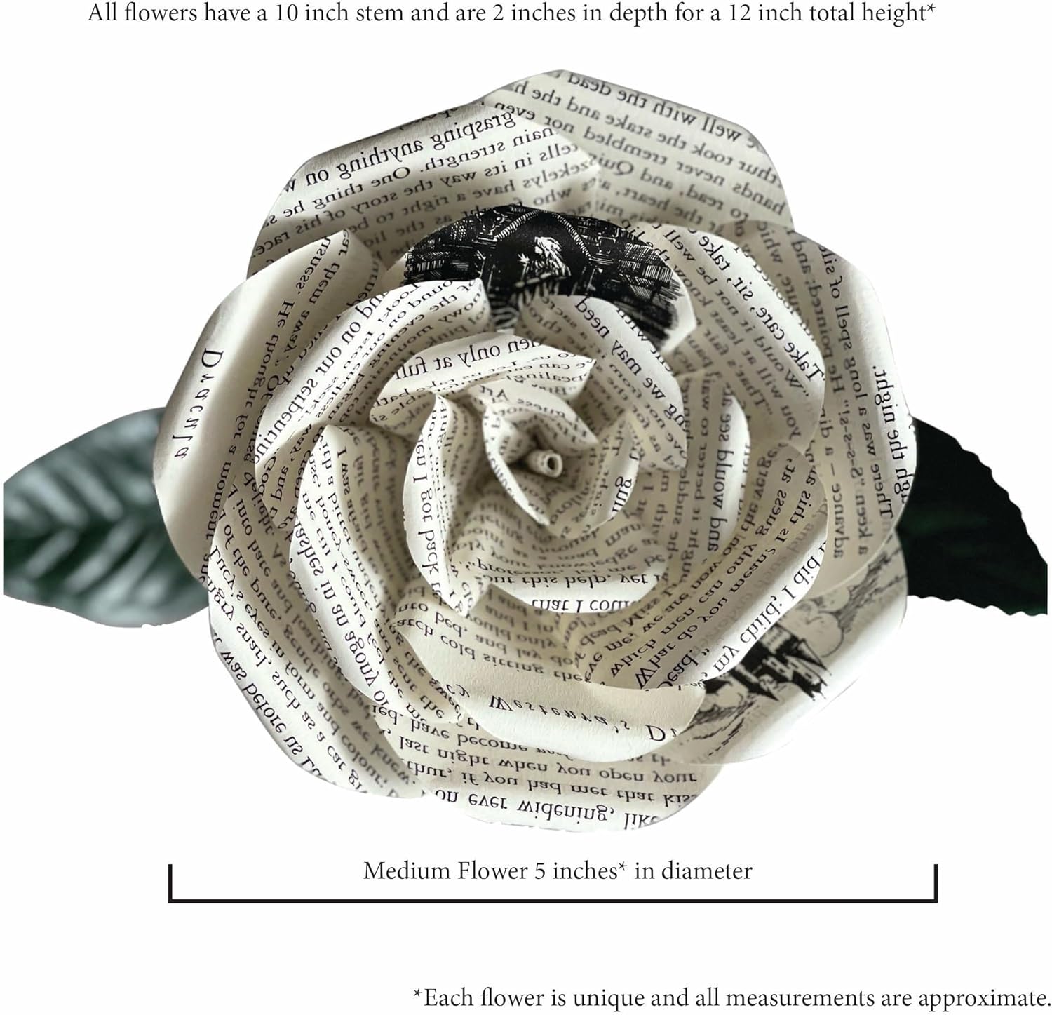 Handmade Dracula Paper Flowers, Paper Roses Made from Pages of Bram Stoker's Novel, Book Lovers Gifts for Anniversaries, Birthdays, Graduations, Weddings- 5 Inch Medium