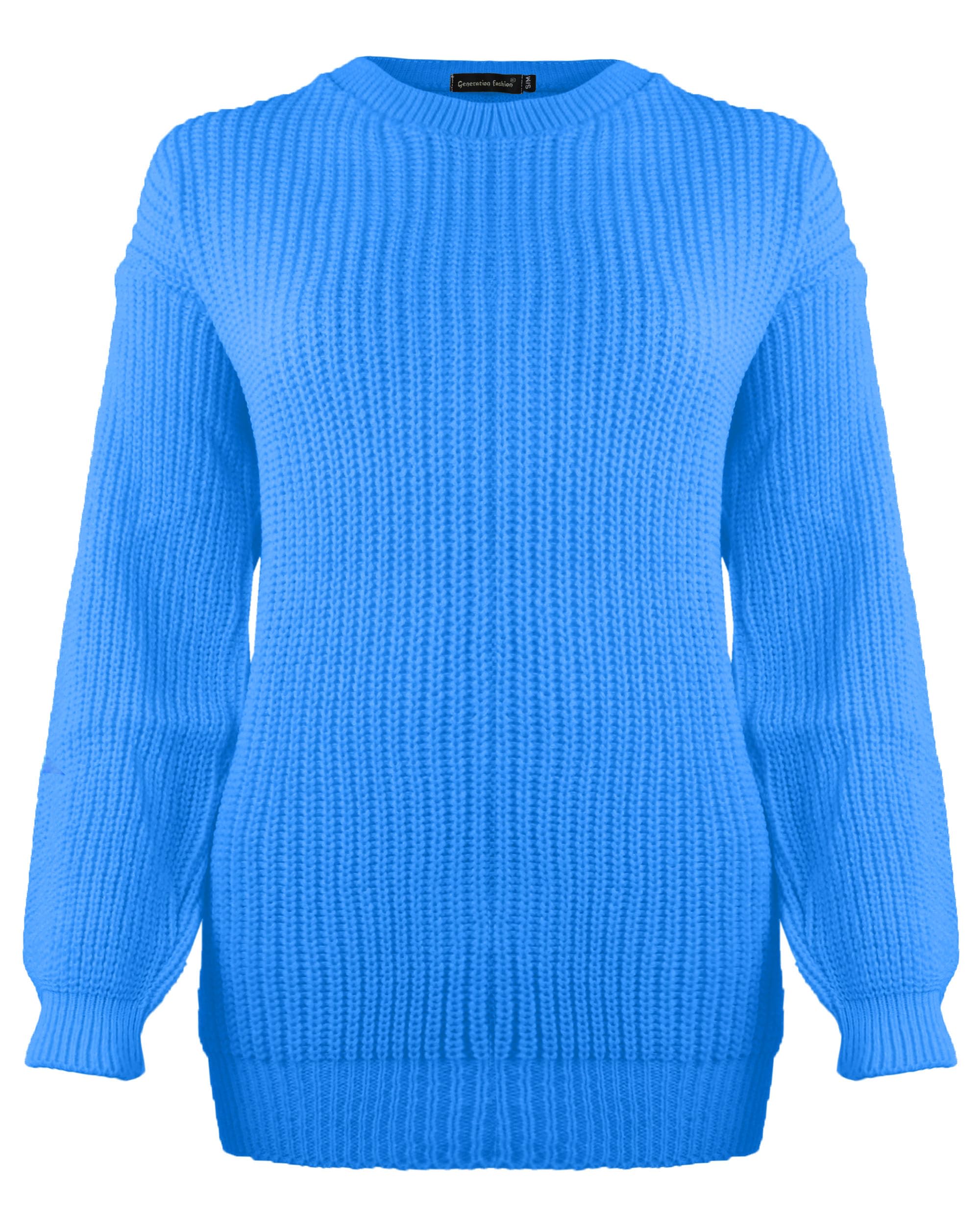 Generation Fashion New Ladies Women Long Sleeve Knitted Baggy Jumper Oversized Sweater Crew Neck Pullover Top[Blue,LXL]