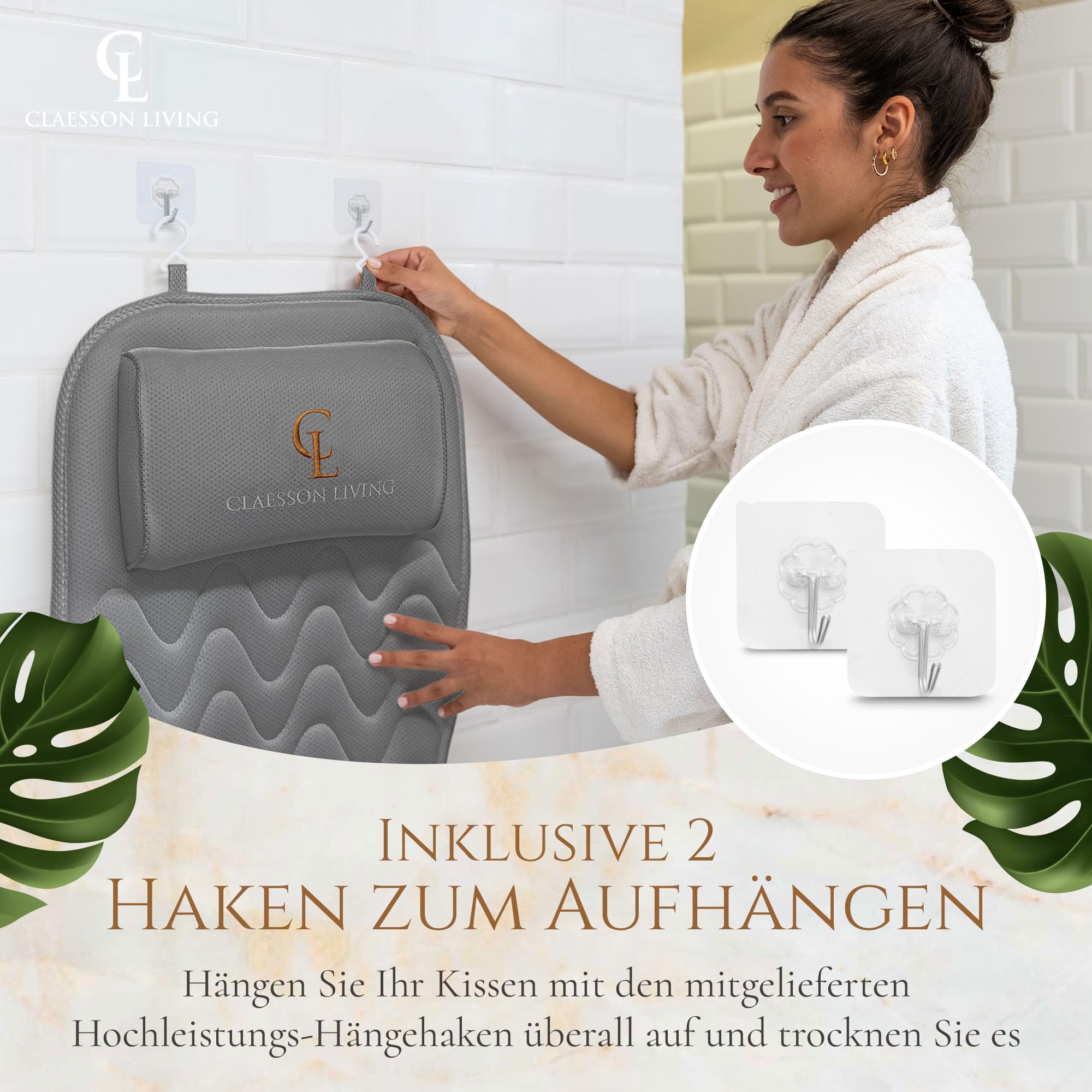 Badewannenkissen Ganzkörper Badekissen (125x43cm) - Badewannenmatte mit Kopfstütze unterstützt Nacken, Rücken und Beine - Mit Wasch- und Reisebeutel und Hängehaken für schnelles Trocknen - Grau