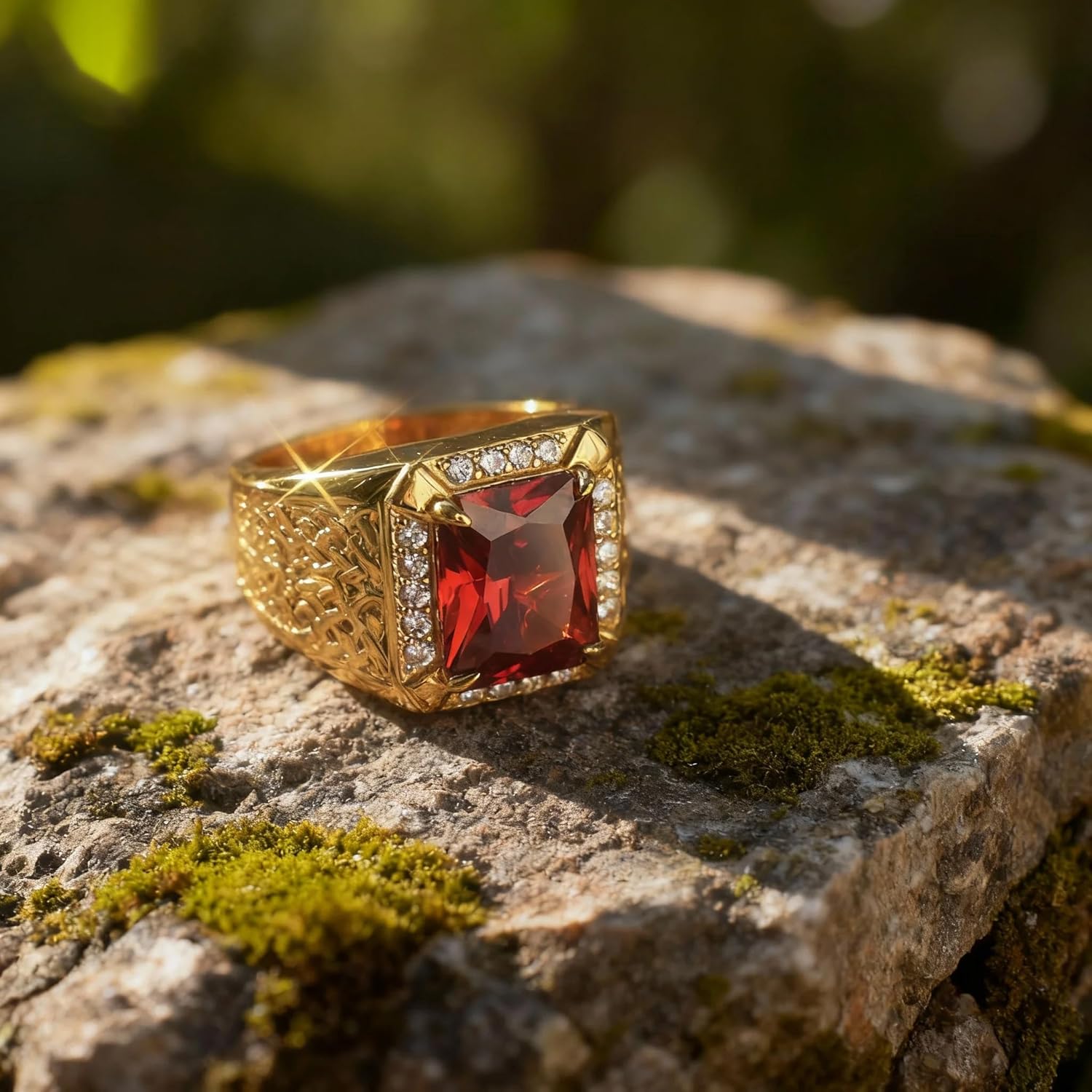 PEIMKO Red Ruby Ring for Men 14K Gold Plated in Sterling Silver Celtic Knot Red Ruby Wedding Band Ring