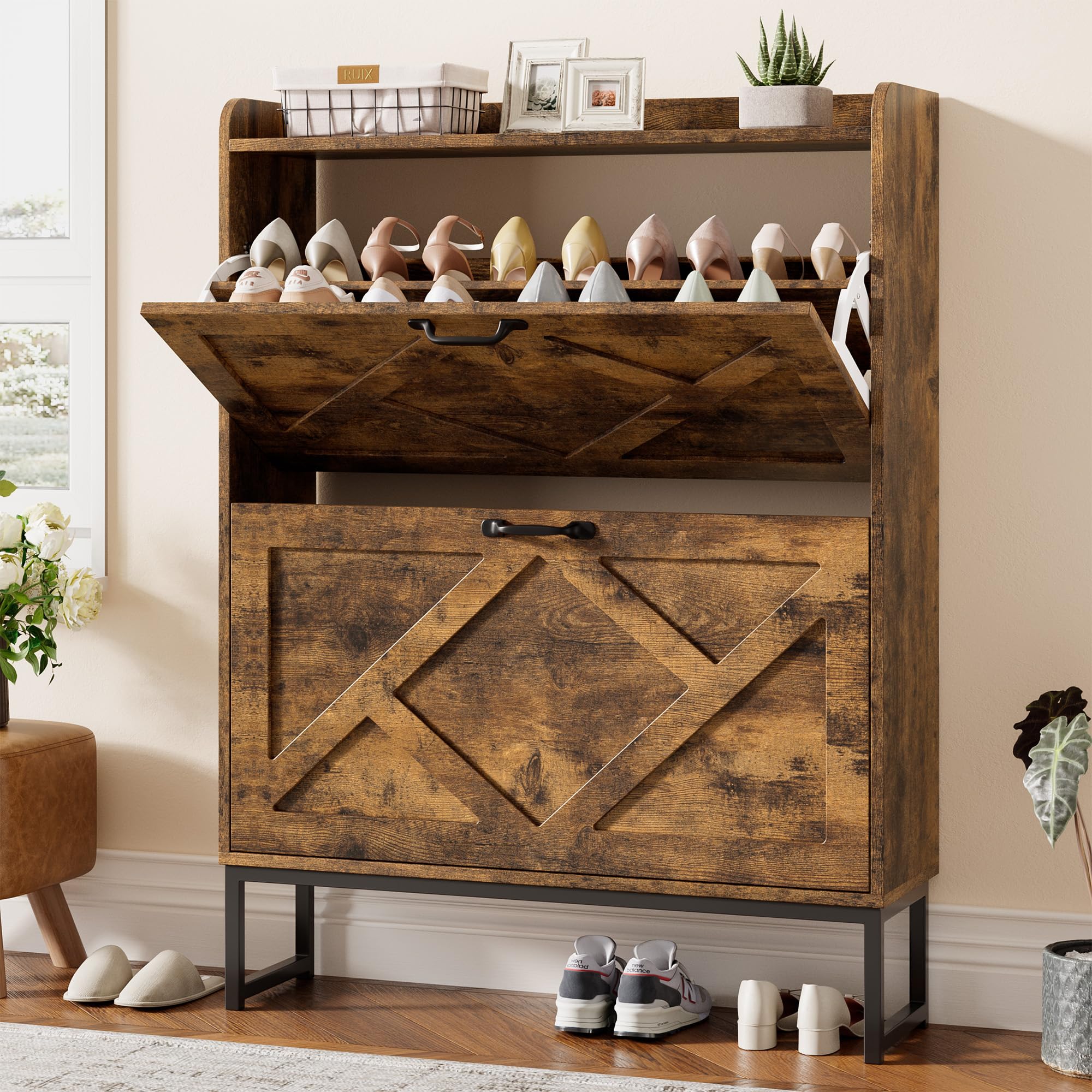 Nicetree Shoe Storage Cabinet with 2 Flip Drawers, Freestanding Wood Shoe Organizer with Metal Legs, Farmhouse Slim Shoe Rack for Entryway, Foyer, Hallway, Rustic Brown