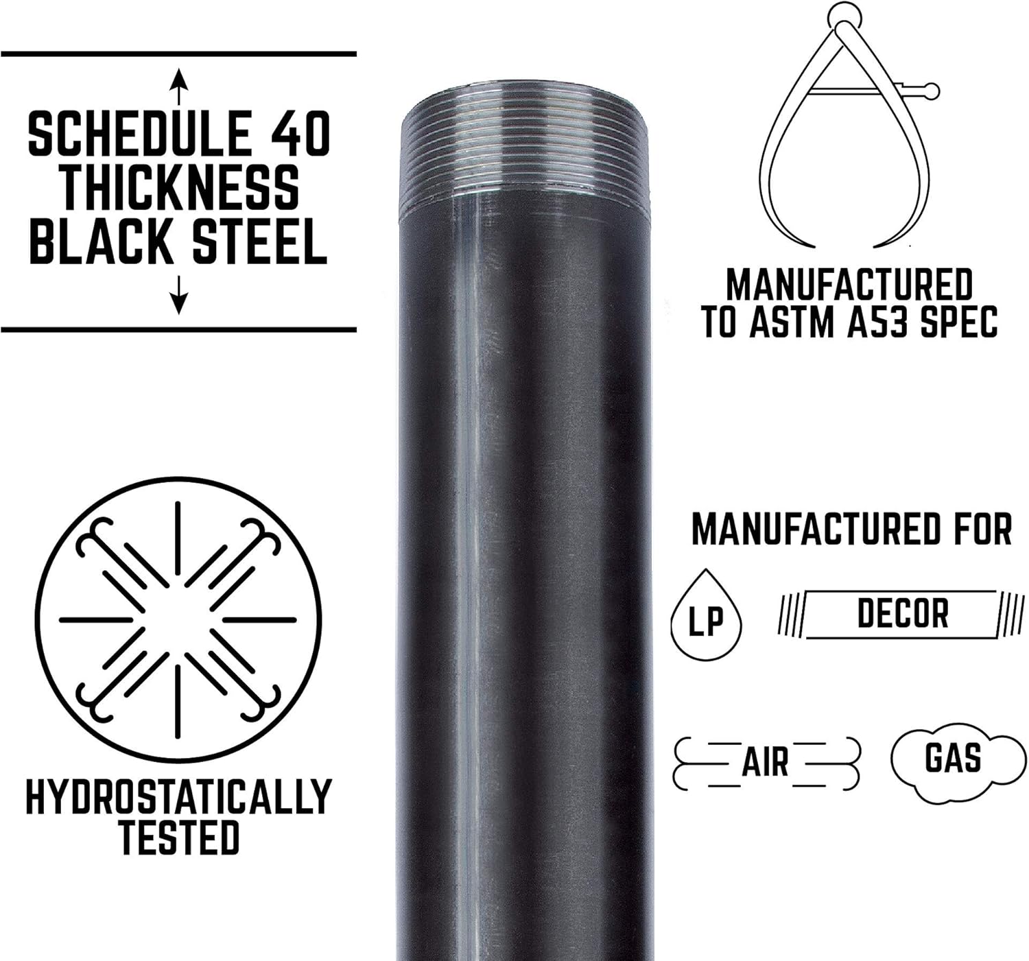 PIPE DECOR Black Steel Plumbing Pipe, 2 in. Dia. x 24 in. Pre-Cut Pipe Fits Standard 2 Inch Black Threaded Pipes, Nipples and Fittings, 2 Pack