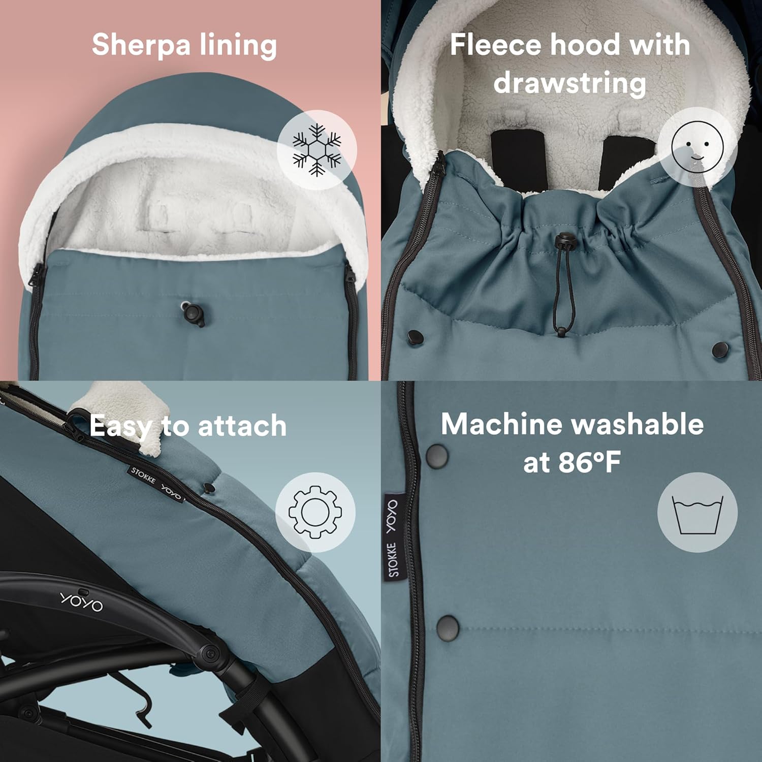 Stokke YOYO Footmuff, Aqua - Sherpa Lining & Fleece Hood with Drawstring to Keep Baby Warm - Includes Carrying Bag - Machine Washable