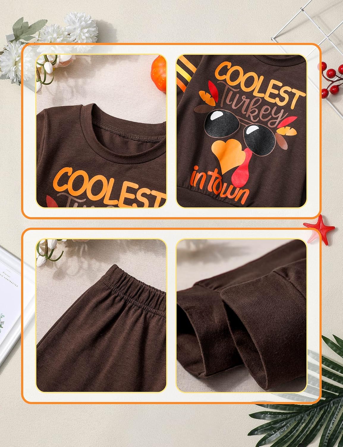 WIQI Toddler Boy Thanksgiving Outfit Long Sleeve Cute Turkey Print Sweatshirt Tops Pants 2 Piece Holiday Clothing Set 18M-5T