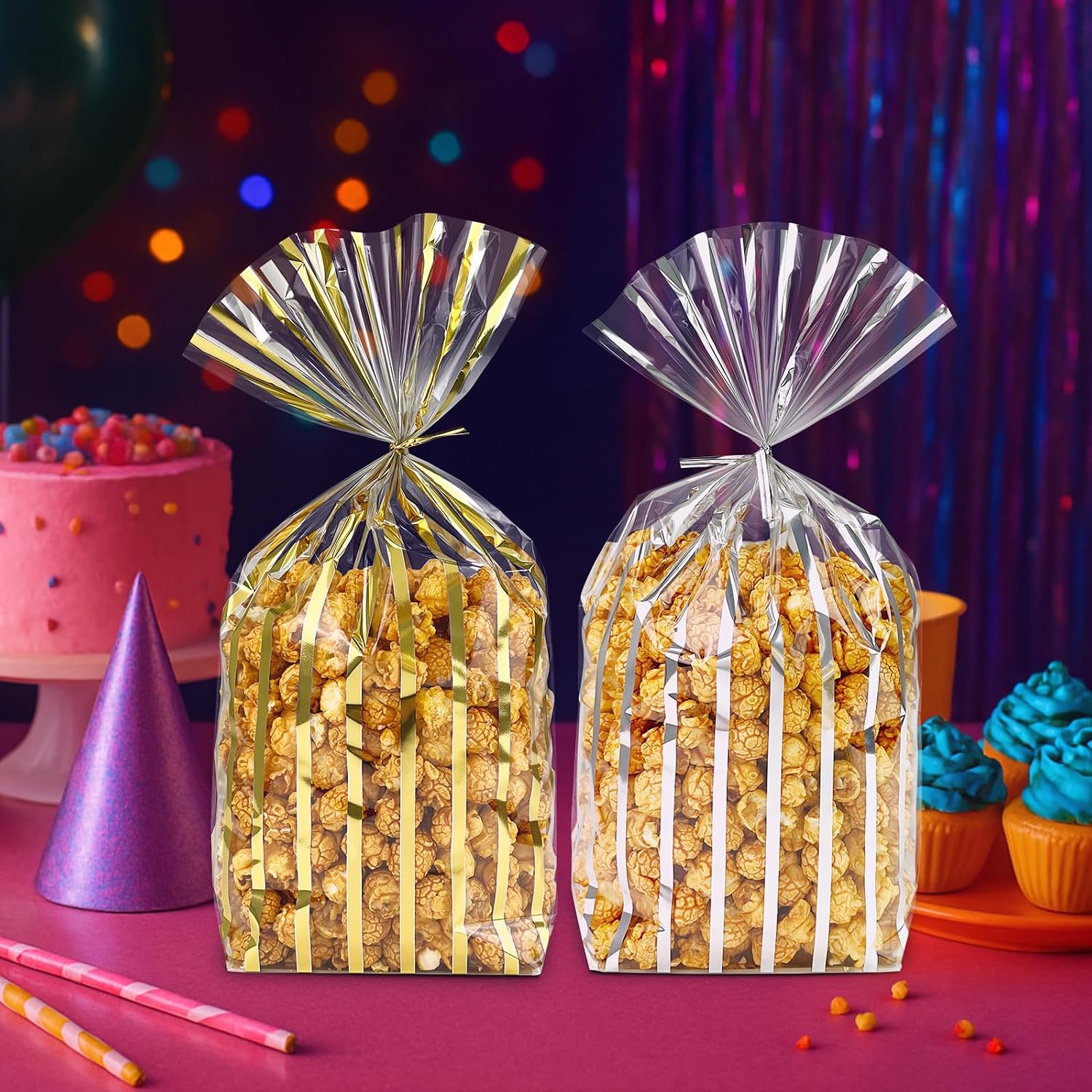 EKAPACKAGING 25 Pcs 4.61x2.95x13in Flat Bottom Cellophane Bags (8x13in Flat Size), Metallic Gold Stripe Treat Bags with Ties, Heat Sealable Clear Cello Bags for Party Favors image 5