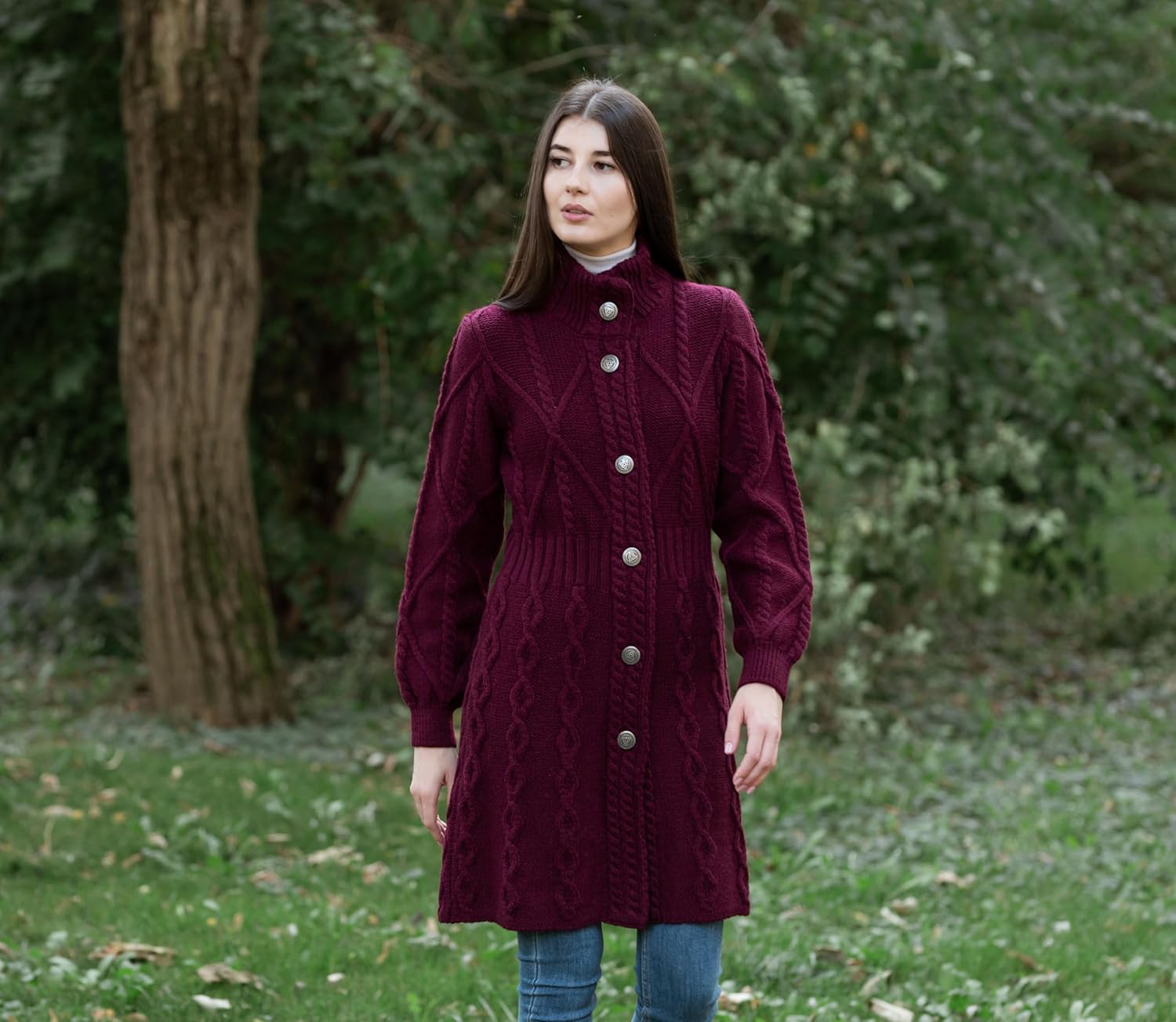 SAOL 100% Merino Wool Irish Cardigan for Women with Celtic Knot Buttons -Aran Long Outdoor Cable Knit Coatigan - Image 3