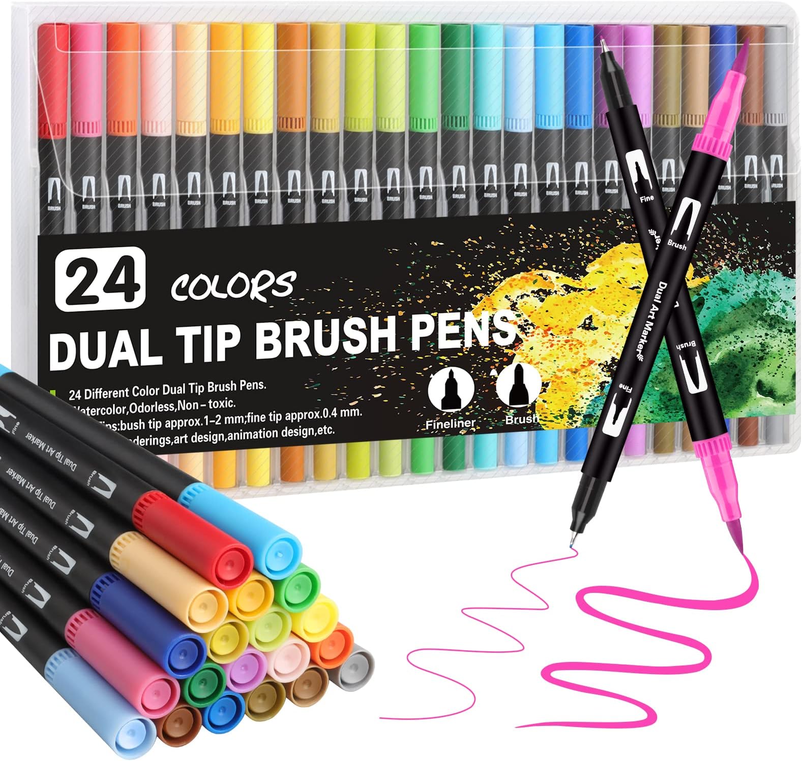 Dual Tip Colouring Pens, 24 Colors Felt Tip Pens for Adults, Brush Pens for Colouring Books, Art Pens for Drawing, Writing, Sketching, Calligraphy