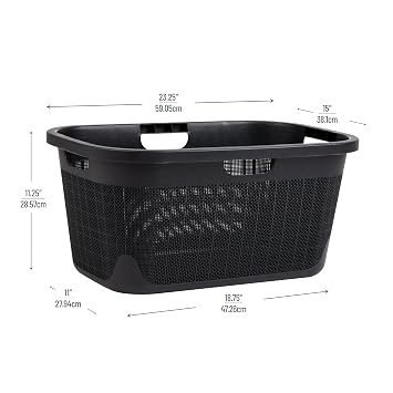 Mind Reader 40L Laundry Basket, Linen Design Clothes Hamper, Plastic Storage Bin with Handles, Black