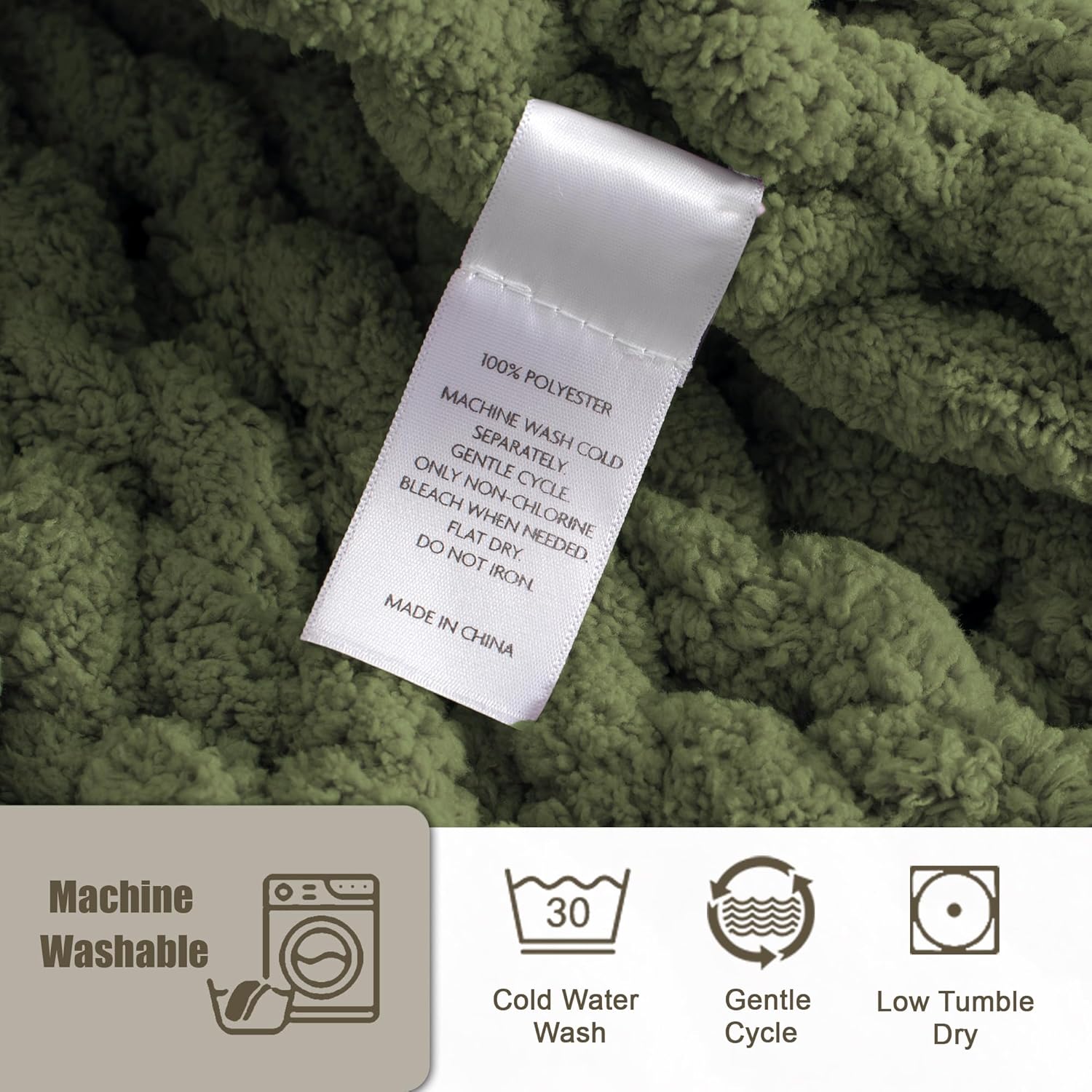 Chunky Knit Throw Blanket 50X 60, 100% Handmade with Soft Chenille Yarn, 4.4lbs Thick Cable Knitted Blankets, Large Rope Knot Crochet Throws for Couch Sofa Bed Home Decor, Olive Green