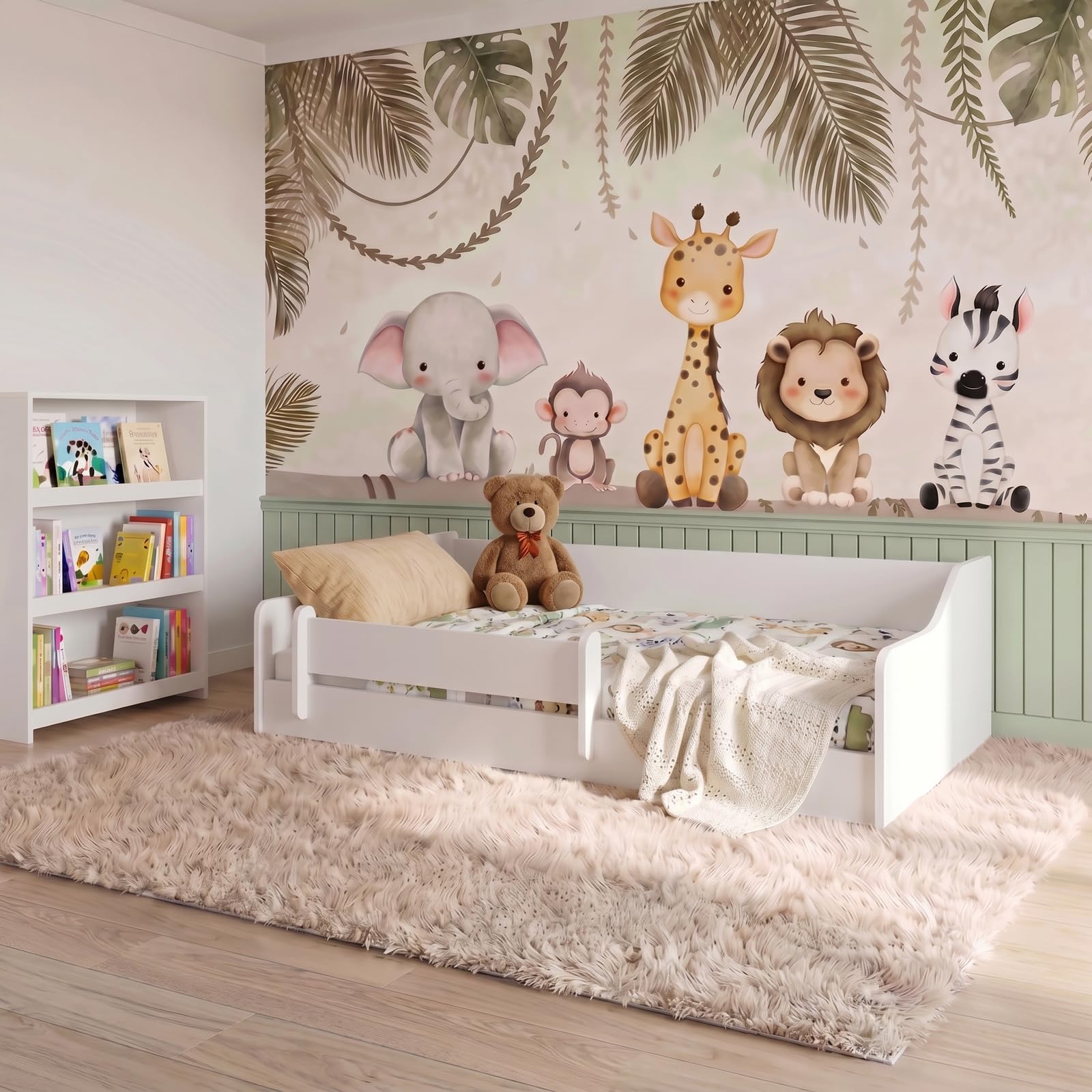 KOBI Montessori Bett mit Boden, 160 x 80 cm, Weiß, ohne Matratze, sicheres Bett mit Schutzbarriere, elegant und bequem für das Kinderzimmer