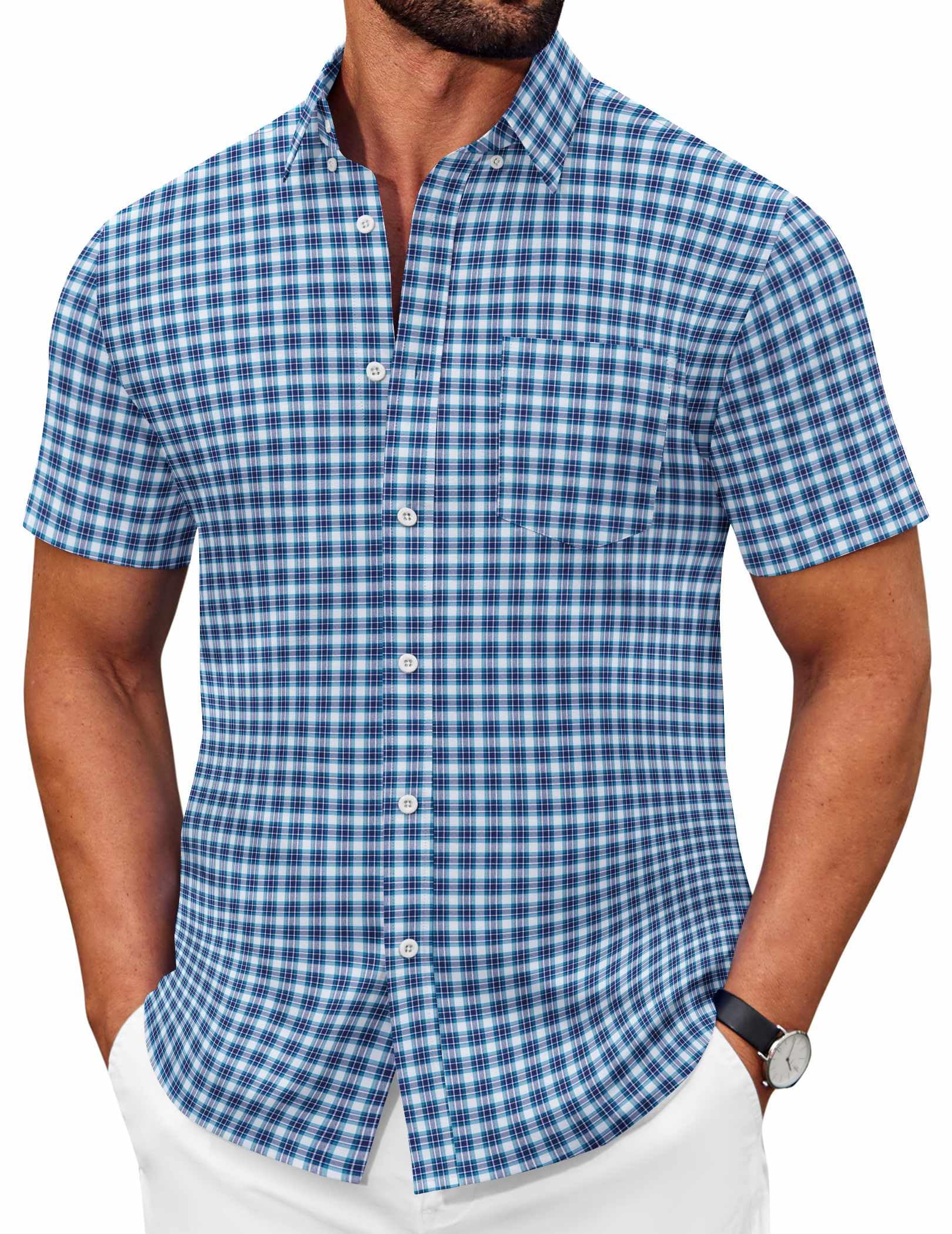 COOFANDY Men's Short Sleeve Oxford Shirt Plaid Casual Button Down Shirts Summer Untucked Dress Shirt with Pocket