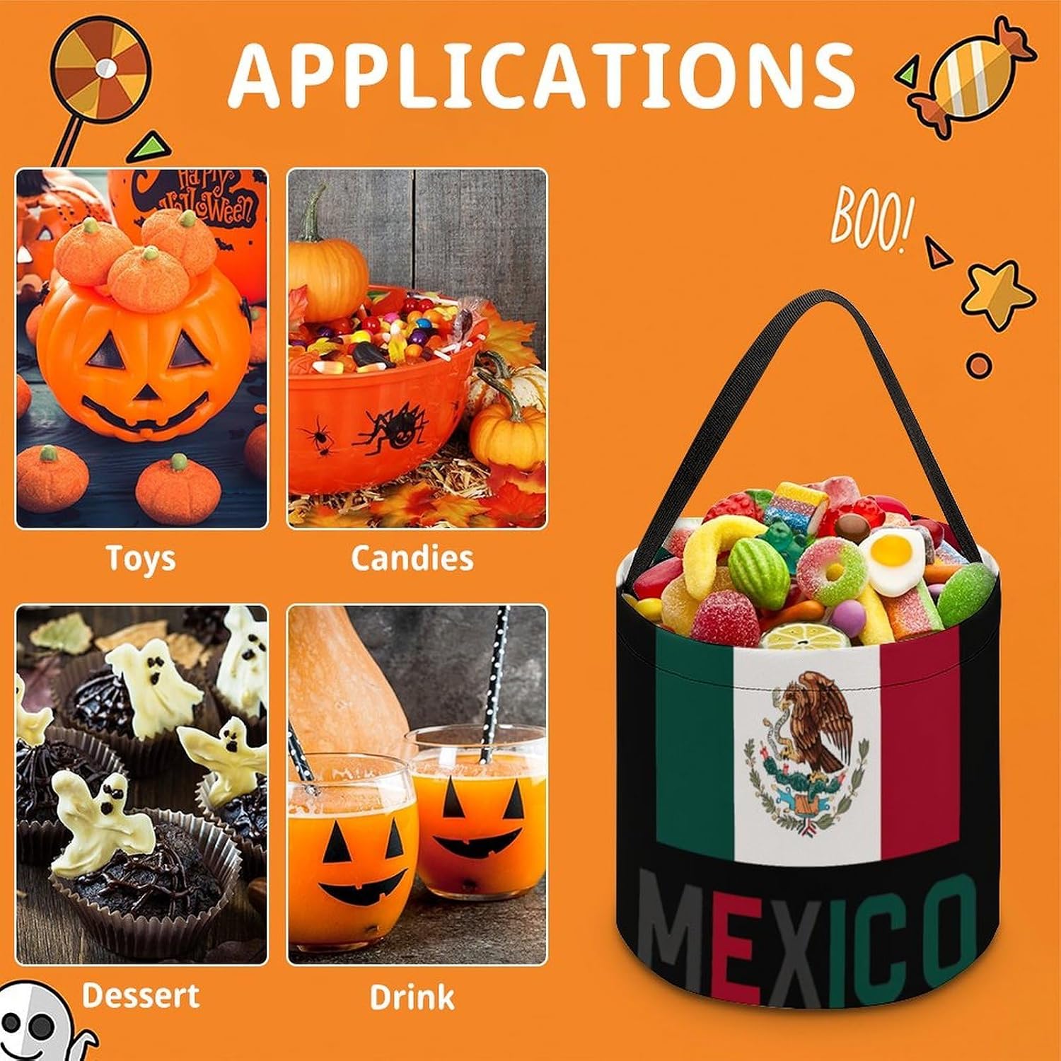 Mexico Flag Candy Bag Halloween Treat Goody Bags Party Basket Handbag Holiday Decor