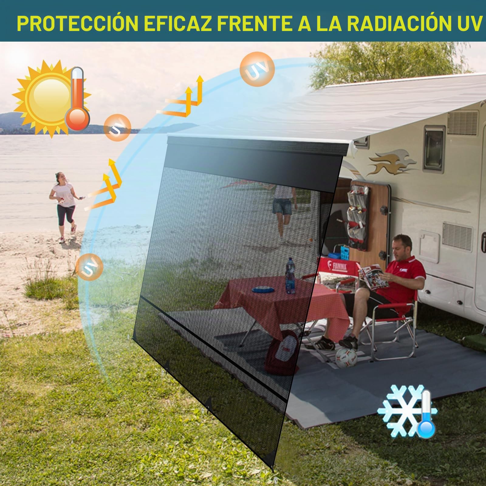 Protección Solar para Autocaravana 3,4 x 2,1 m, Toldo Universal Pantalla Privacidad, Pantalla de pared Frontal, Protección Solar, pared Lateral, para Caravana, Camping, tienda de campaña de privacidad