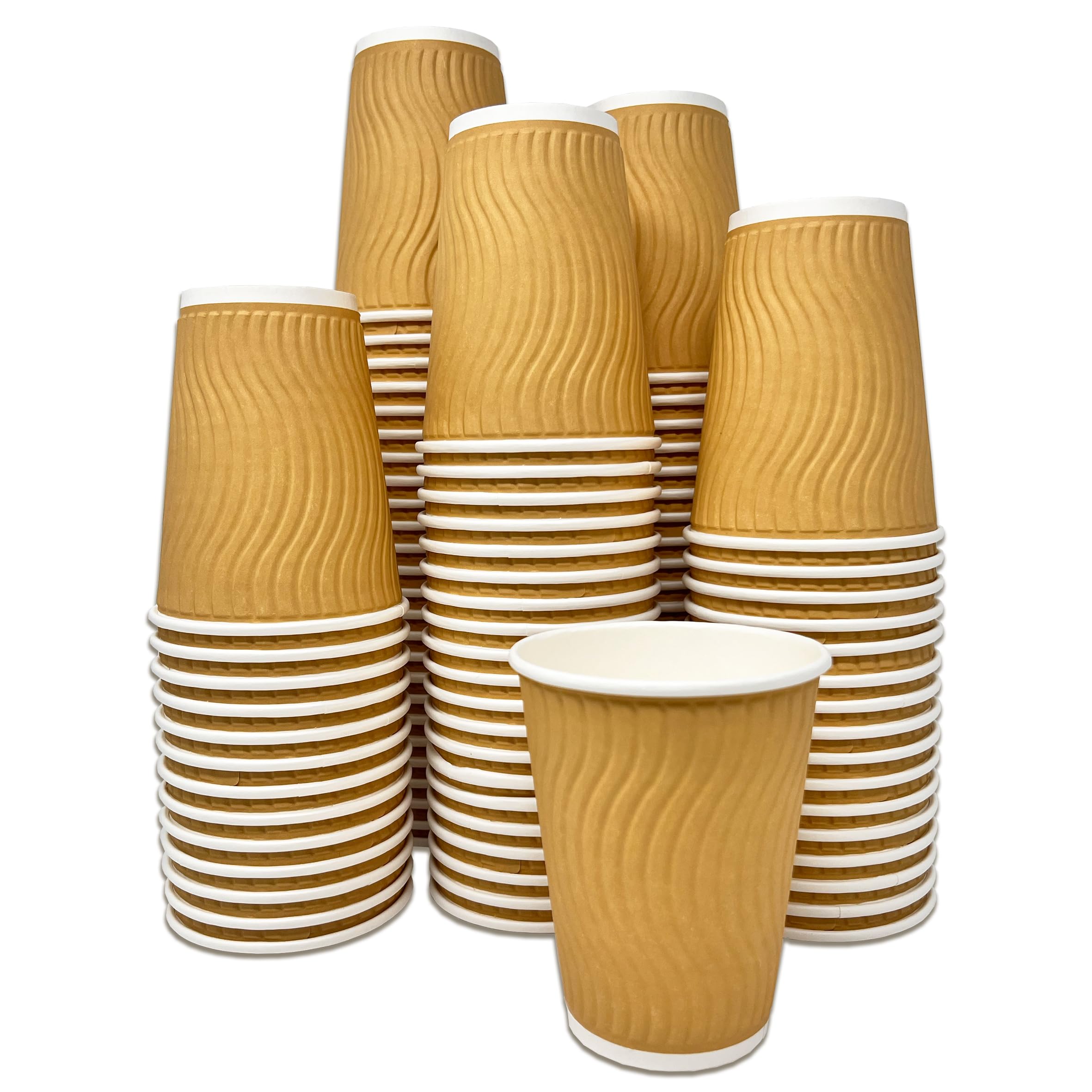 DHANZIPAK 100 x Premium Kraft 12 Ounce (12oz) Ripple 3 Ply Disposable Leakproof Insulated Paper Cups for Tea, Coffee, Cappuccino & Other Hot Drinks