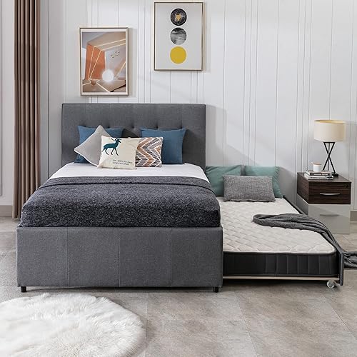 Miniatura 2 de civama Base de cama de tamaño matrimonial con nido plataforma tapizada de lino con soporte de listones de madera sofá cama de tamaño matrimonial con