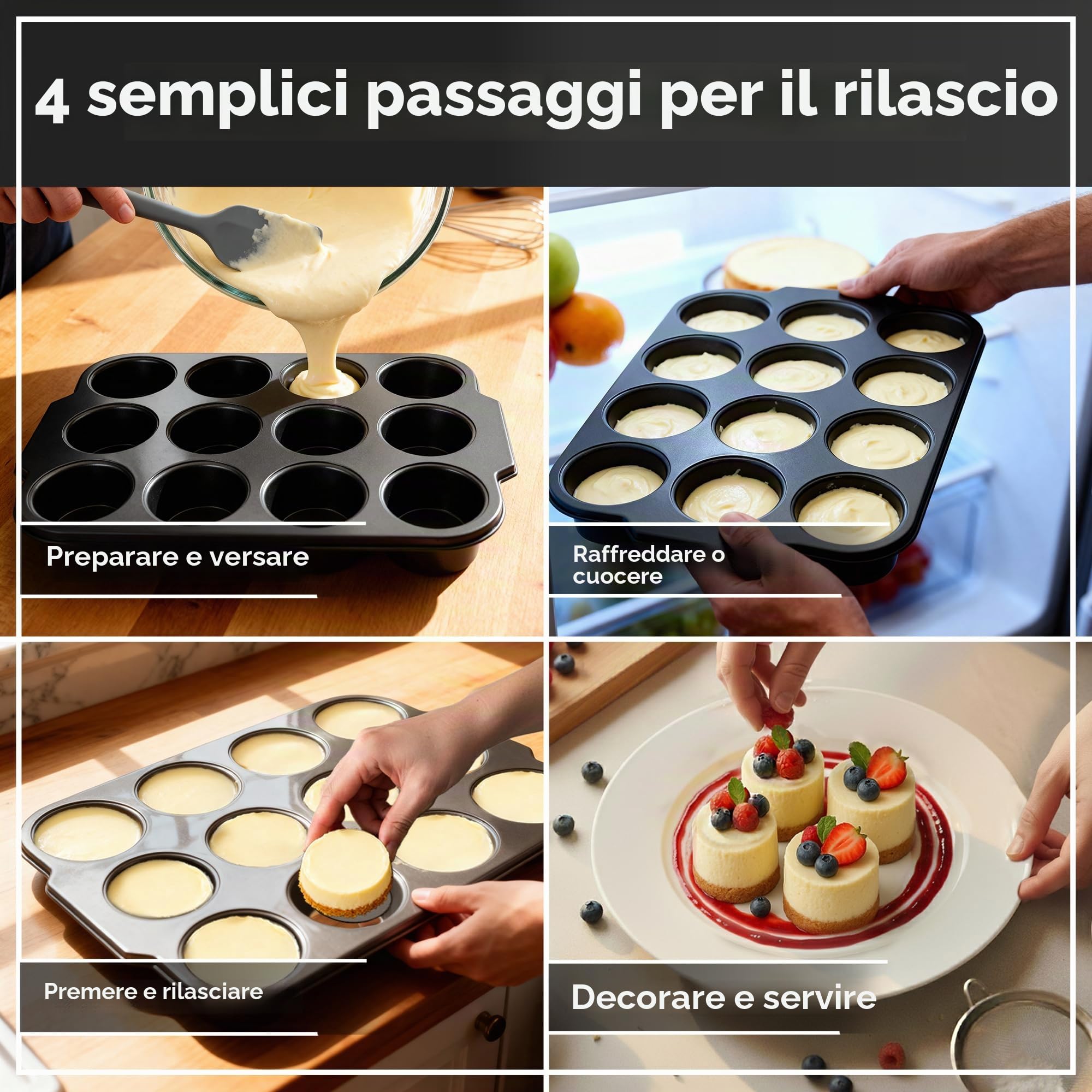 Wrenbury Mini teglia da 12 tazze Pro per cheesecake con fondo rimovibile, in acciaio al carbonio, antiaderente, con base rimovibile, per torte singole, muffin, soufflé, senza PFOA, lavabile in