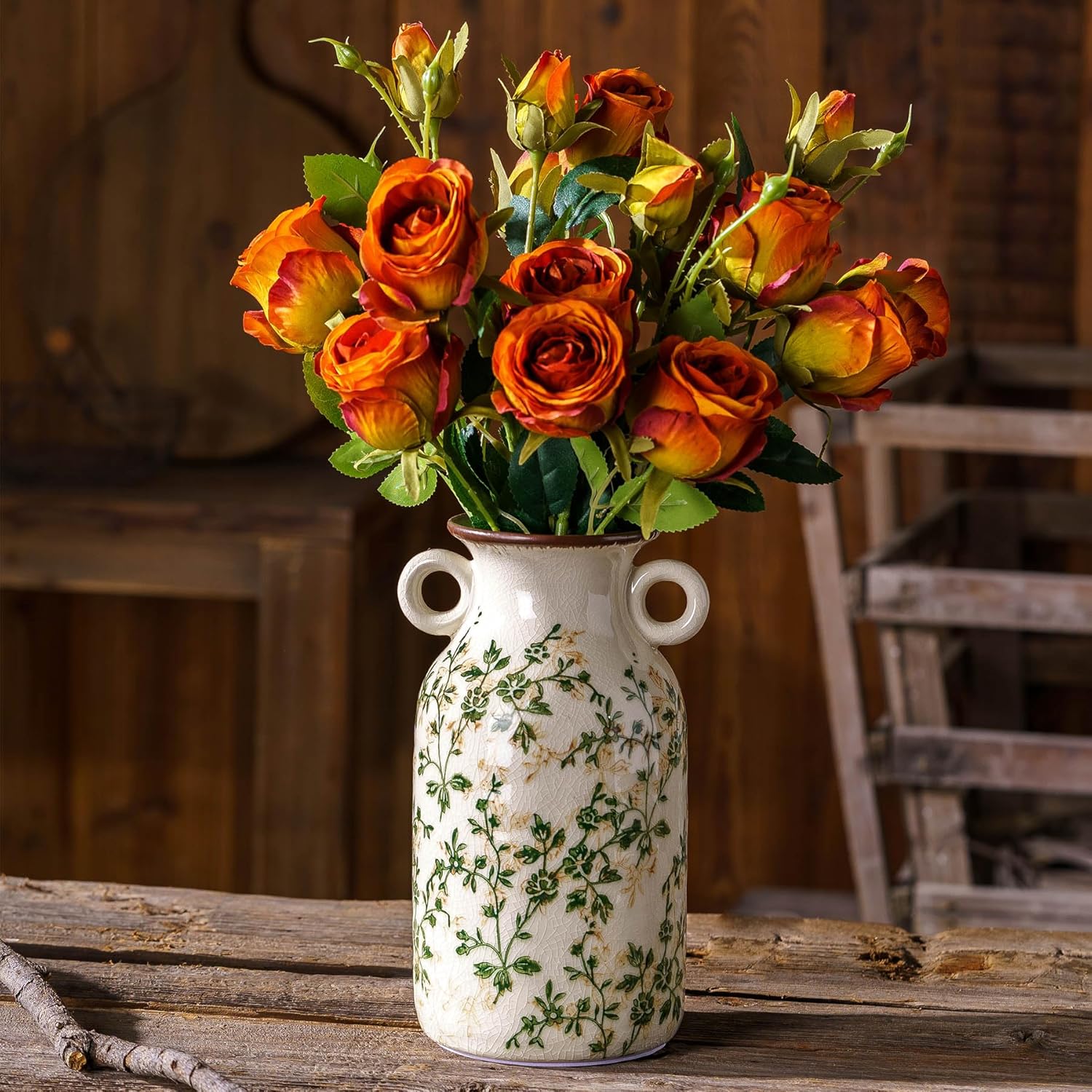 Vintage Pastoral Vase with Handles, Green and Beige Retro Ceramic Flower Vase, Rustic Farmhouse Vases Chinoiserie Floral Large Vase for Home Decor, Living Room, Kitchen, Bedroom and Shelf 9.1 Inch - Image 6