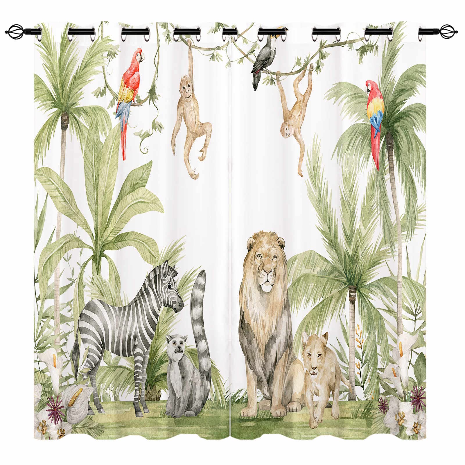 YUANZU African Animal Curtains - Safari Jungle Tropical Lion Zebra Monkeys Parrots Palm Trees Flowers Print Pattern Eyelet Blackout Window Drapes for Kids Nursery Bedroom 2 Panels W75cm x D166cm — image 1
