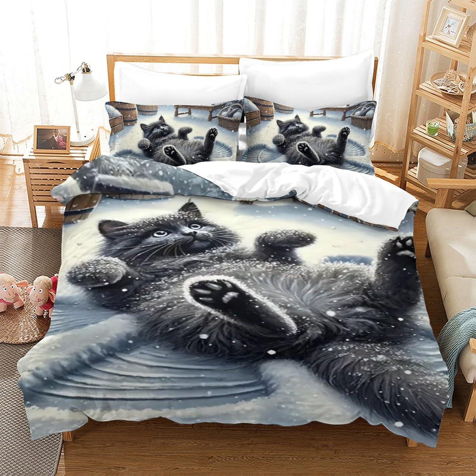 Housse de couette chat 3D 140x200 literie microfibre avec taie d'oreiller animal
