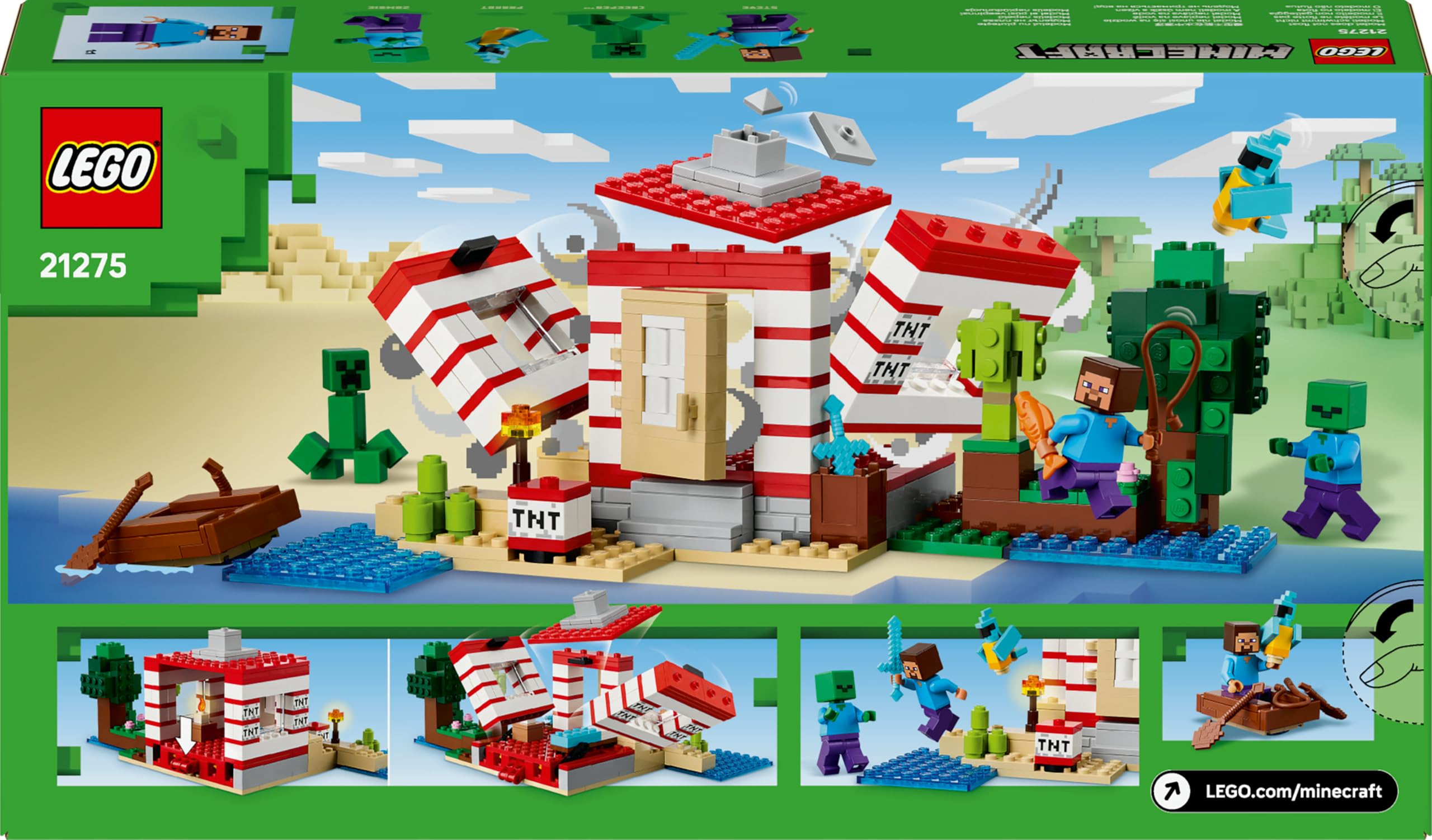 LEGO Minecraft Casa nella Giungla Esplosiva - Giocattolo Interattivo con Modello di Barca, Figure di Steve, Creeper e Zombie, Funzione TNT - Regalo per Gamer, Bambini e Bambine da 8 Anni in su - 21275