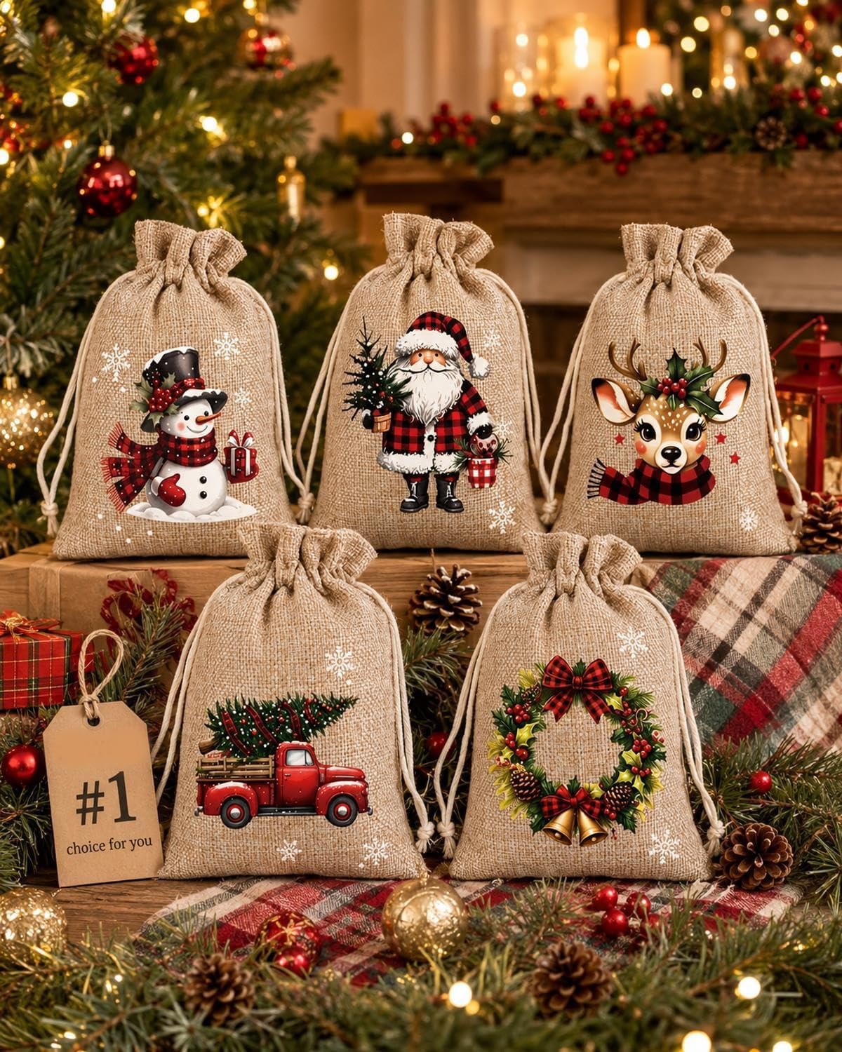 5-25 Pcs Small Christmas Gift Bags, Christmas Drawstring Gift Bags with 5 Festive Designs, Reusable Burlap Hessian Christmas Party Bags for Presents, Treats & Favours (10x15cm)，5pcs