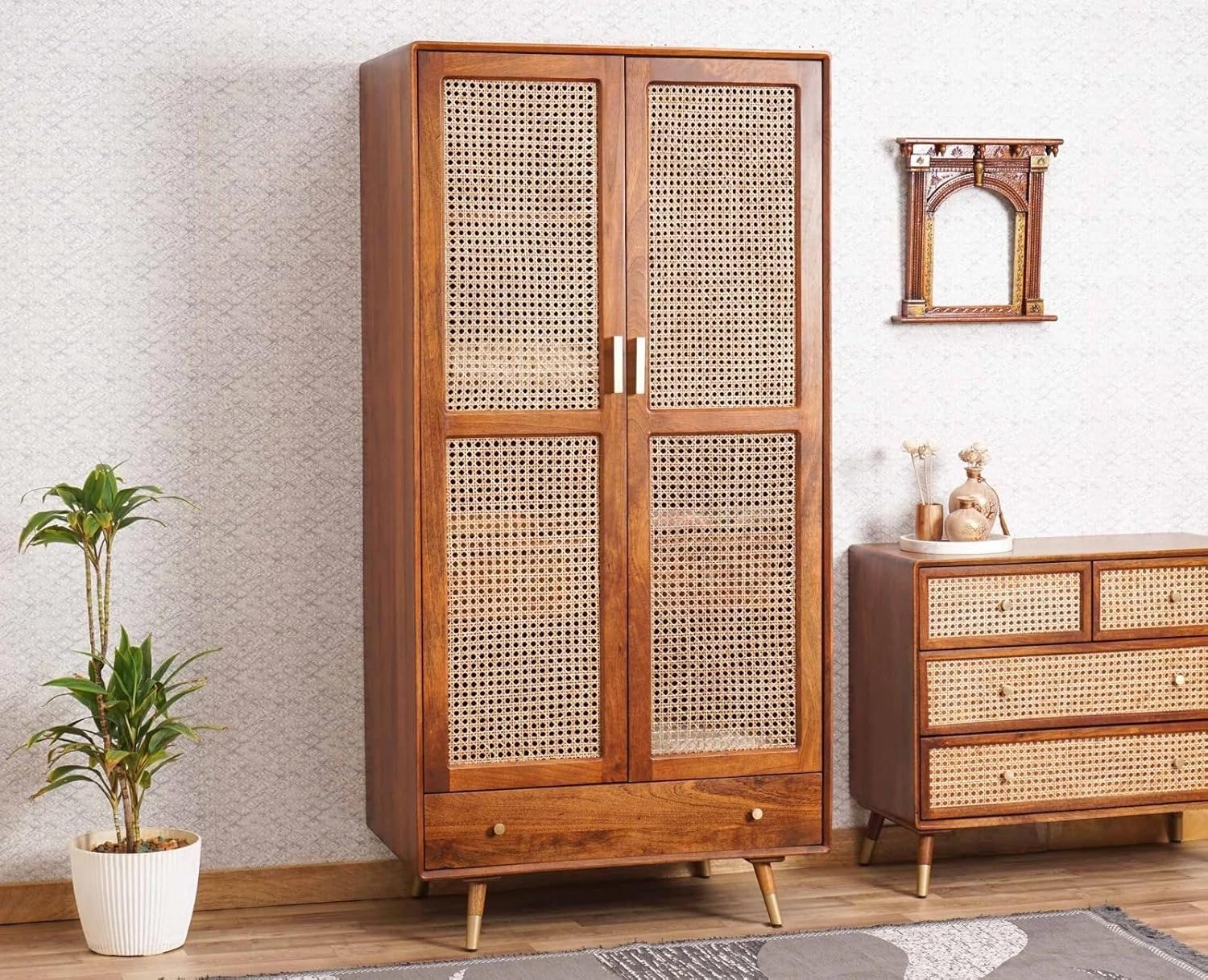 Solid Sheesham Wood Rattan Cane Wardrobe | 2-Door Almirah with 3 Drawers, 6 Storage Shelves, 1 Hanging Rod Space | Wooden Cupboard, Bedroom Closet and Dresser | Honey Finish-image-22