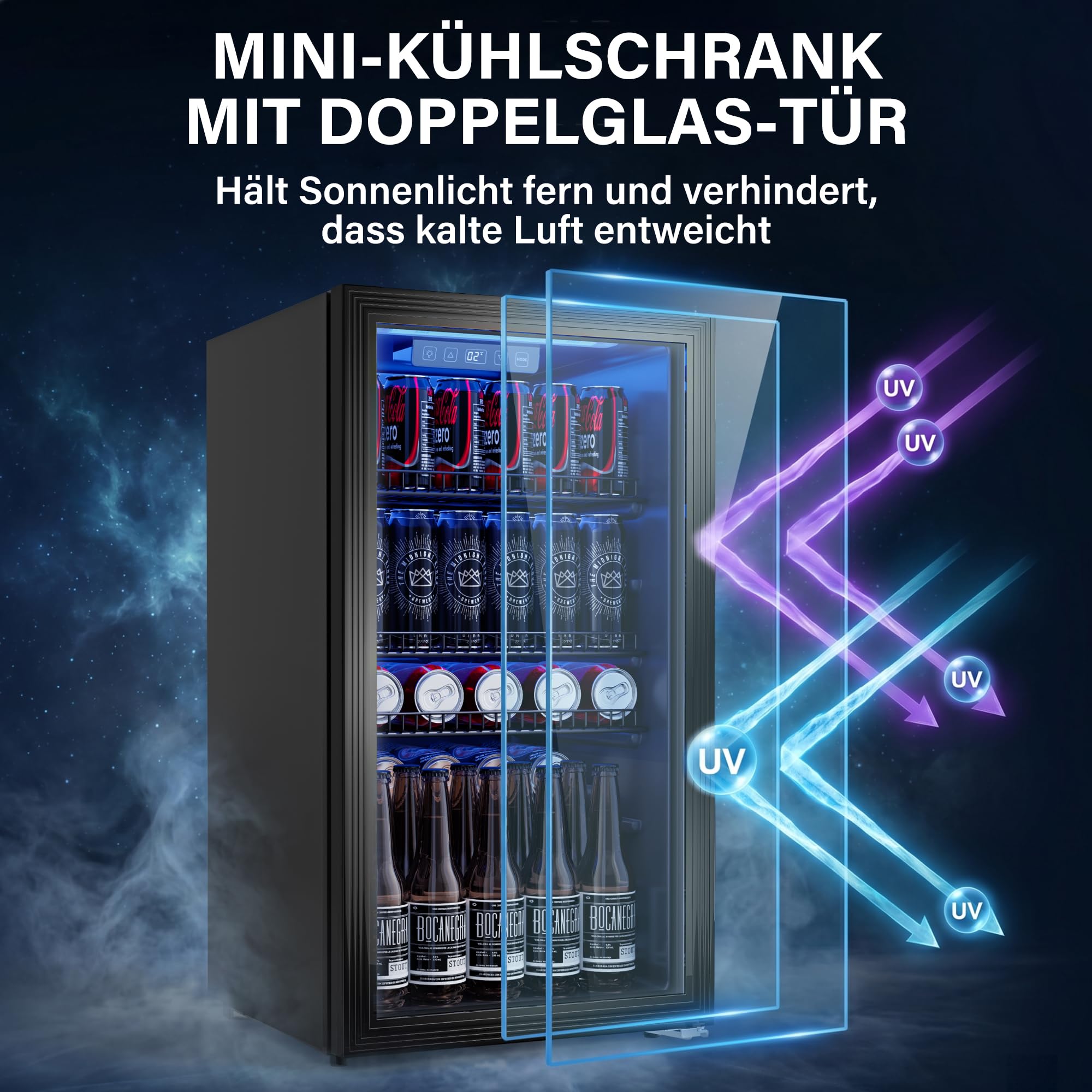 Airfish Getränkekühlschrank 90L Glasfront Mini-Kühlschrank verstellbare Regale 128 Dosen Bier Wein