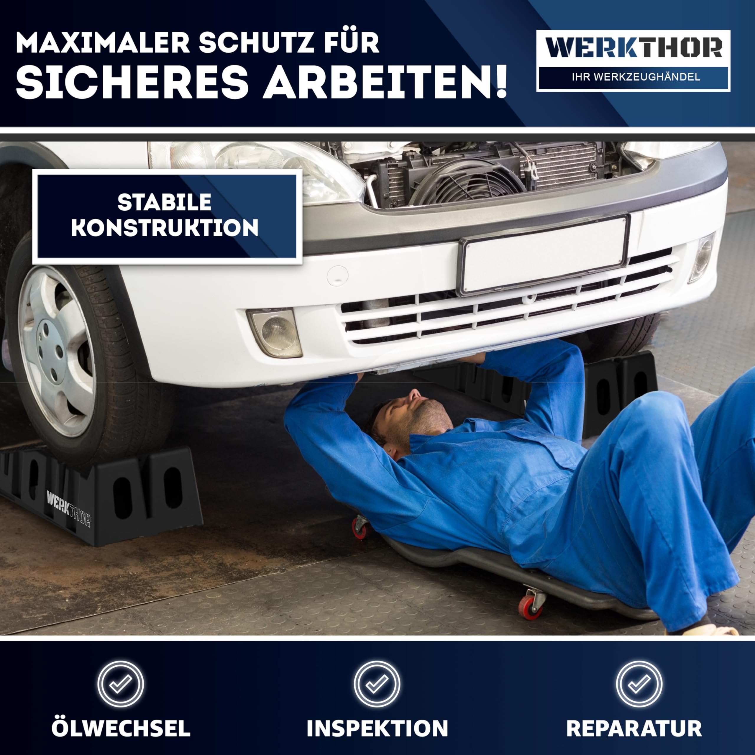 WERKTHOR Auffahrrampe PKW - [2er Set] Auffahrrampen für Maximalen Halt - Robuste Hebebühne Auto für Jeden Untergrund [2,5T] - Perfekt für Fahrzeuge (bis 2.500 kg) - HDPE-Kunststoff