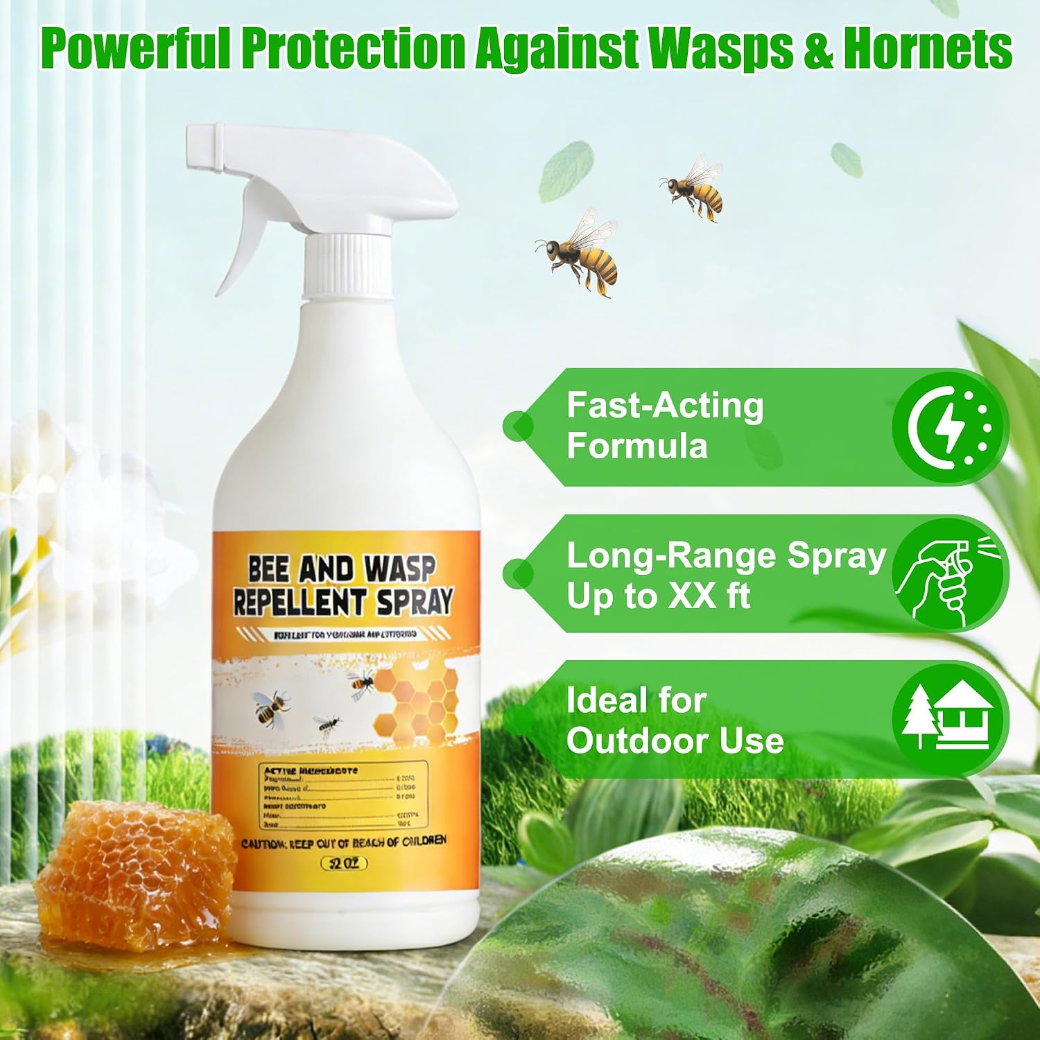 Wasp Repellent Spray - Bee Spray with 100% Safe & Natural Protection with Long-Lasting Formula，Hornet Spray Fresh & Energizing Scents for Outdoor & Home