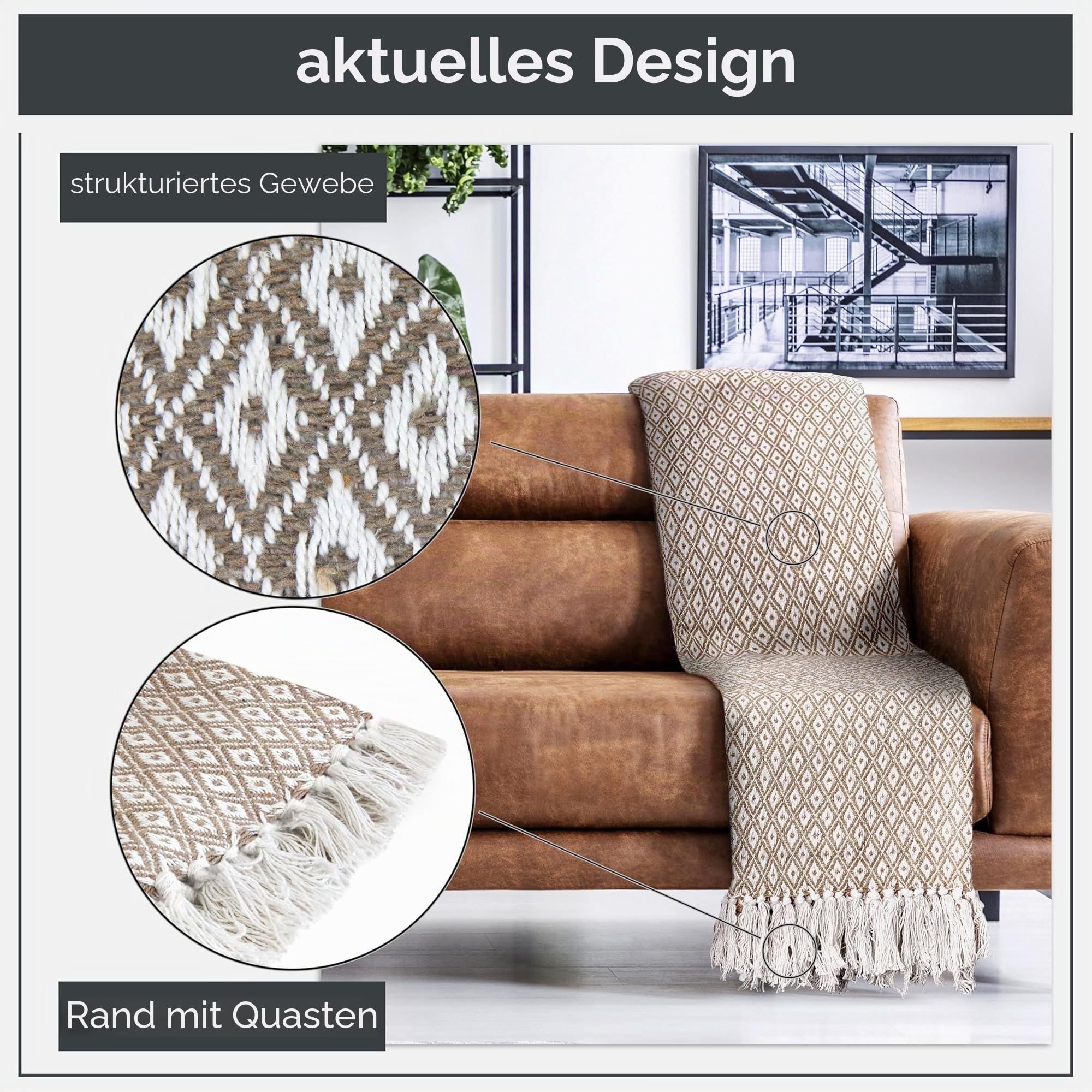 Emma Barclay Casablanca Scandi Überwurf, gewebt, recycelt, Baumwolle, für Sofa, Sofa, Bett, 50 x 60 cm, Taupe