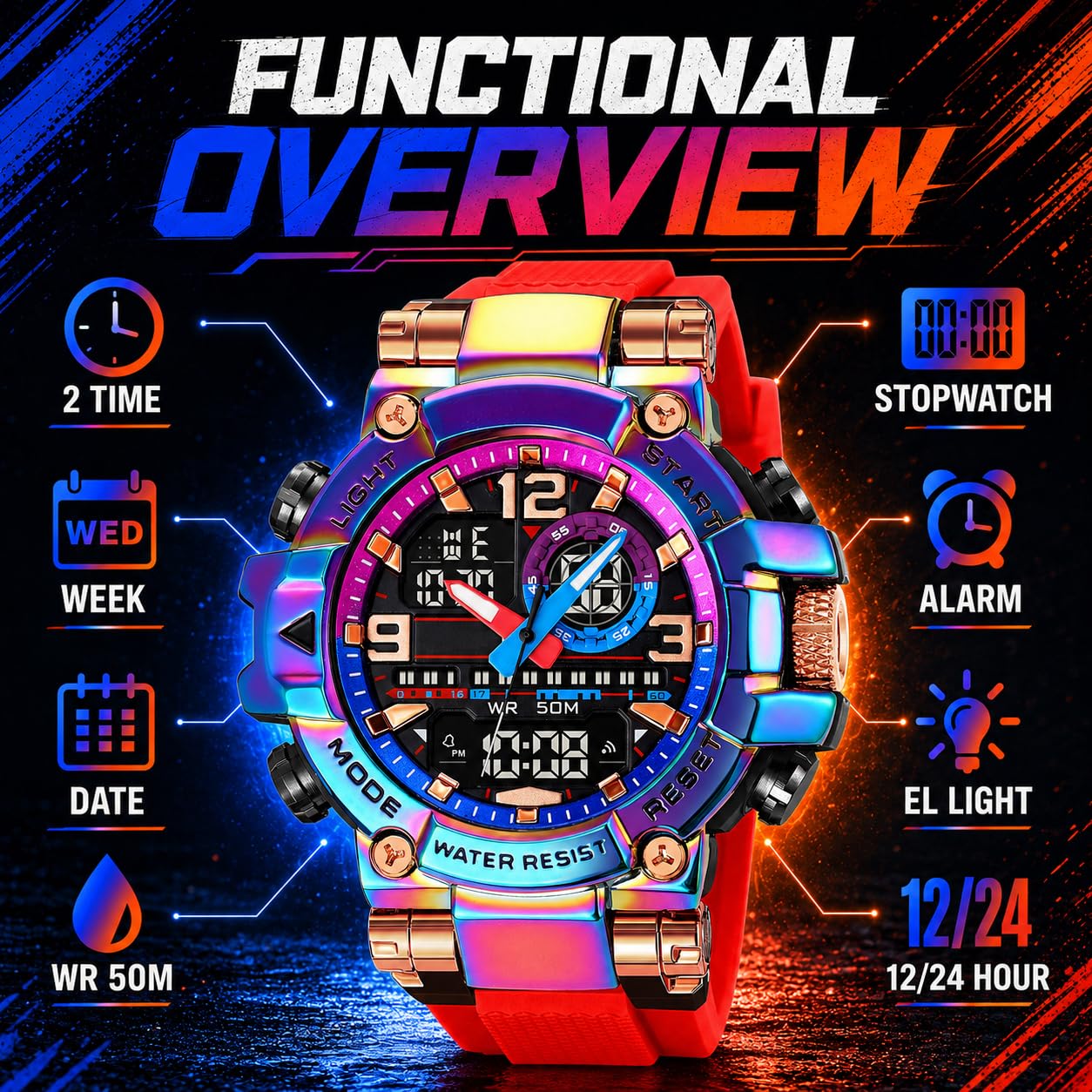 Reloj deportivo impermeable para hombre, colorido, digital, analógico, militar, táctico, para exteriores, esfera grande, reloj de pulsera único con cronómetro LED, alarma de cuenta regresiva y hora
