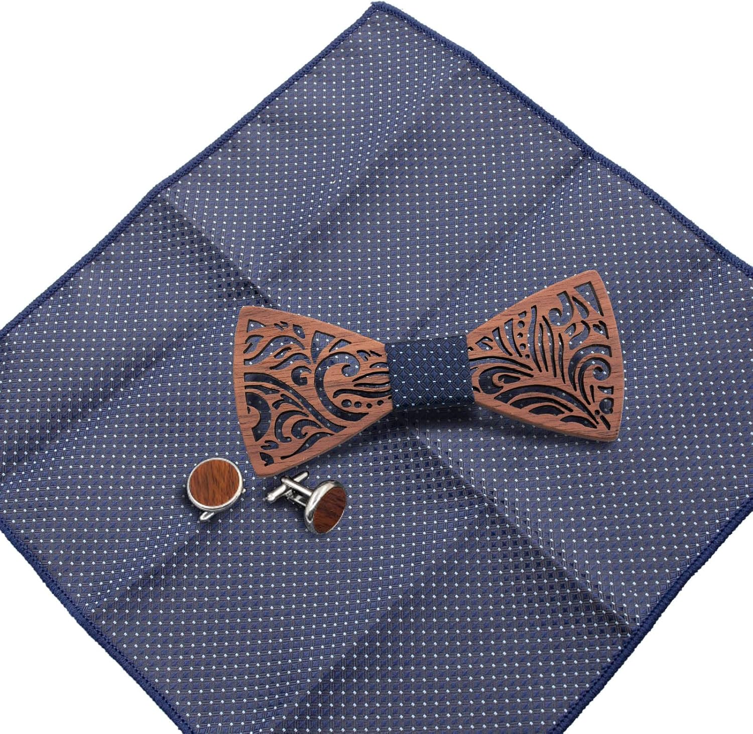 Mr.Van Mens Wooden Bow Tie Set, Openwork Carving Design Wood Bow Tie with Cuff links & Pocket Square