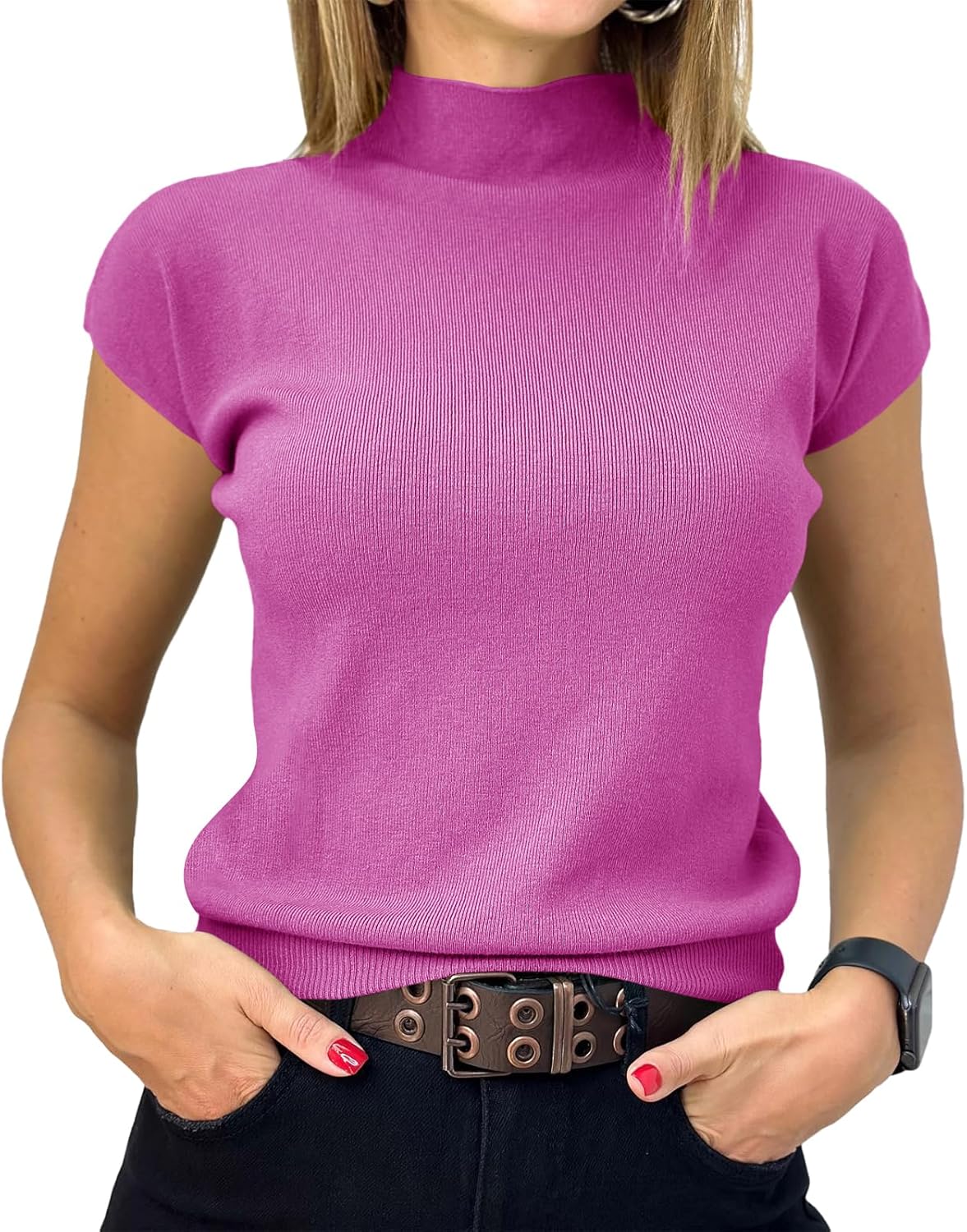 Saodimallsu Womens Short Sleeve Sweater Mock Neck Summer Casual Basic Knit Slim Fitted Pullover Tops Shirt