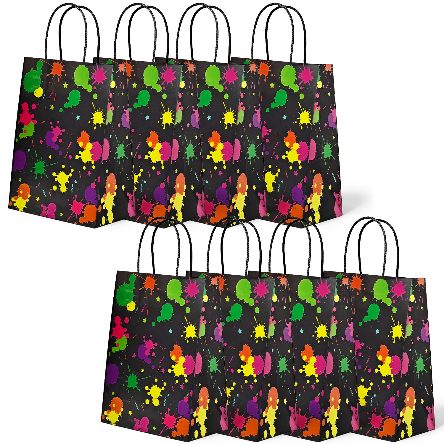 Neon Party Gift Bags with Handles, Pack of 8 Small Glow Paper Bags for Children's Birthday, 21 x 15 x 8 cm(Style 2)