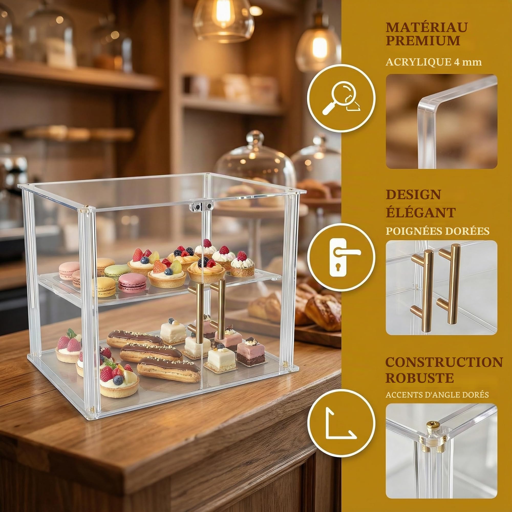 Vitrine de boulangerie à 2 niveaux avec porte magnétique, vitrine en acrylique transparent pour comptoir de cuisine, présentoir à pâtisserie, garde au frais pour beignets, bagels, gâteaux