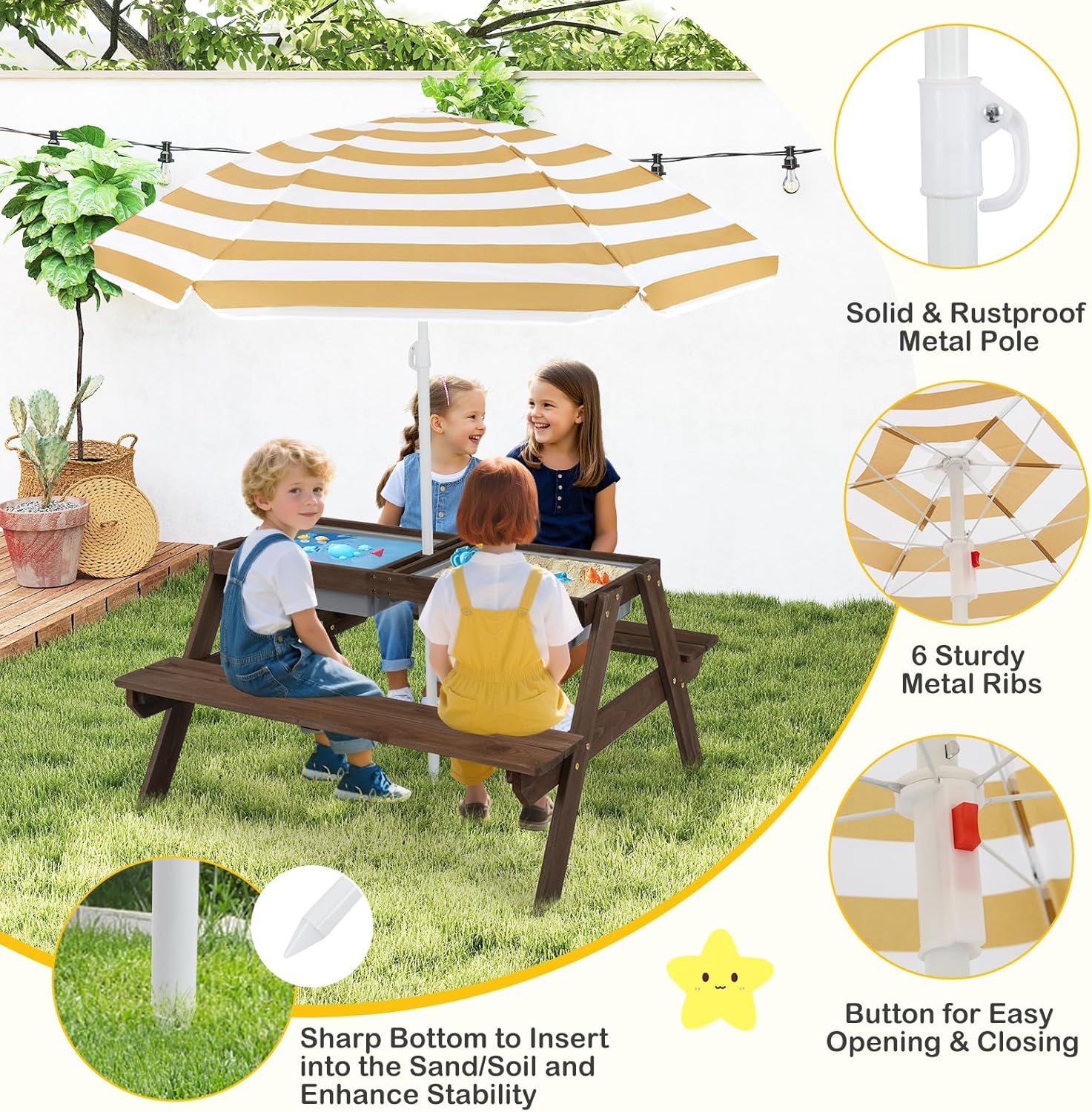 GLACER 3-in-1 Kids Picnic Table, Wooden Sand and Water Table w/Removable & Adjustable Umbrella, Built-in Benches, Kids Outdoor Furniture, Toddler Picnic Table for Patio, Backyard (Brown)